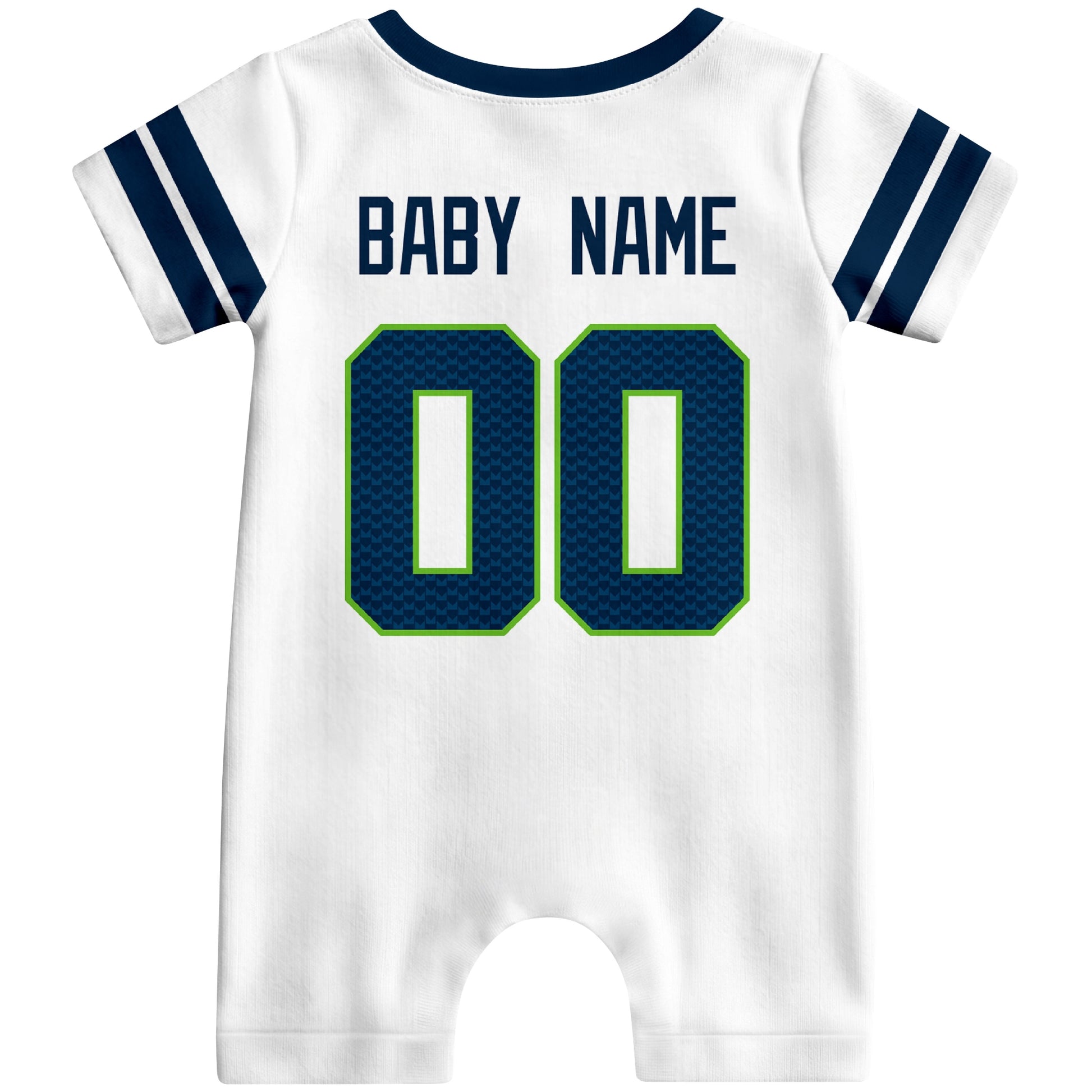 Back view of custom football-style baby onesie in White personalized with name and number