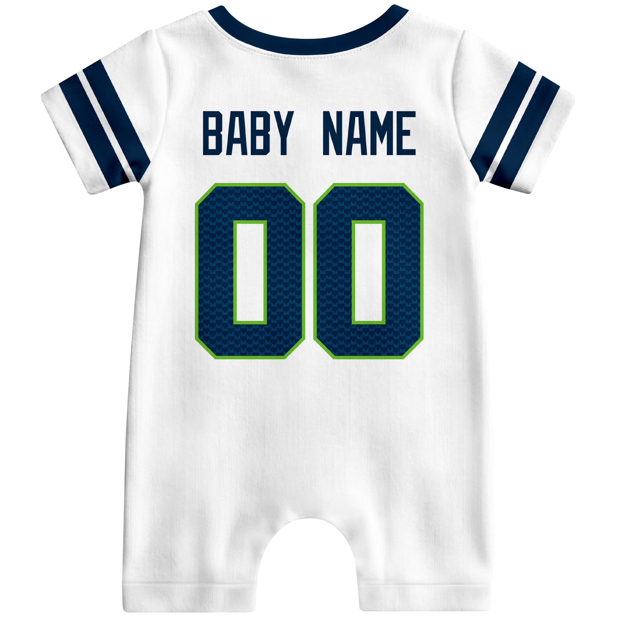 Back view of custom football-style baby onesie in White personalized with name and number