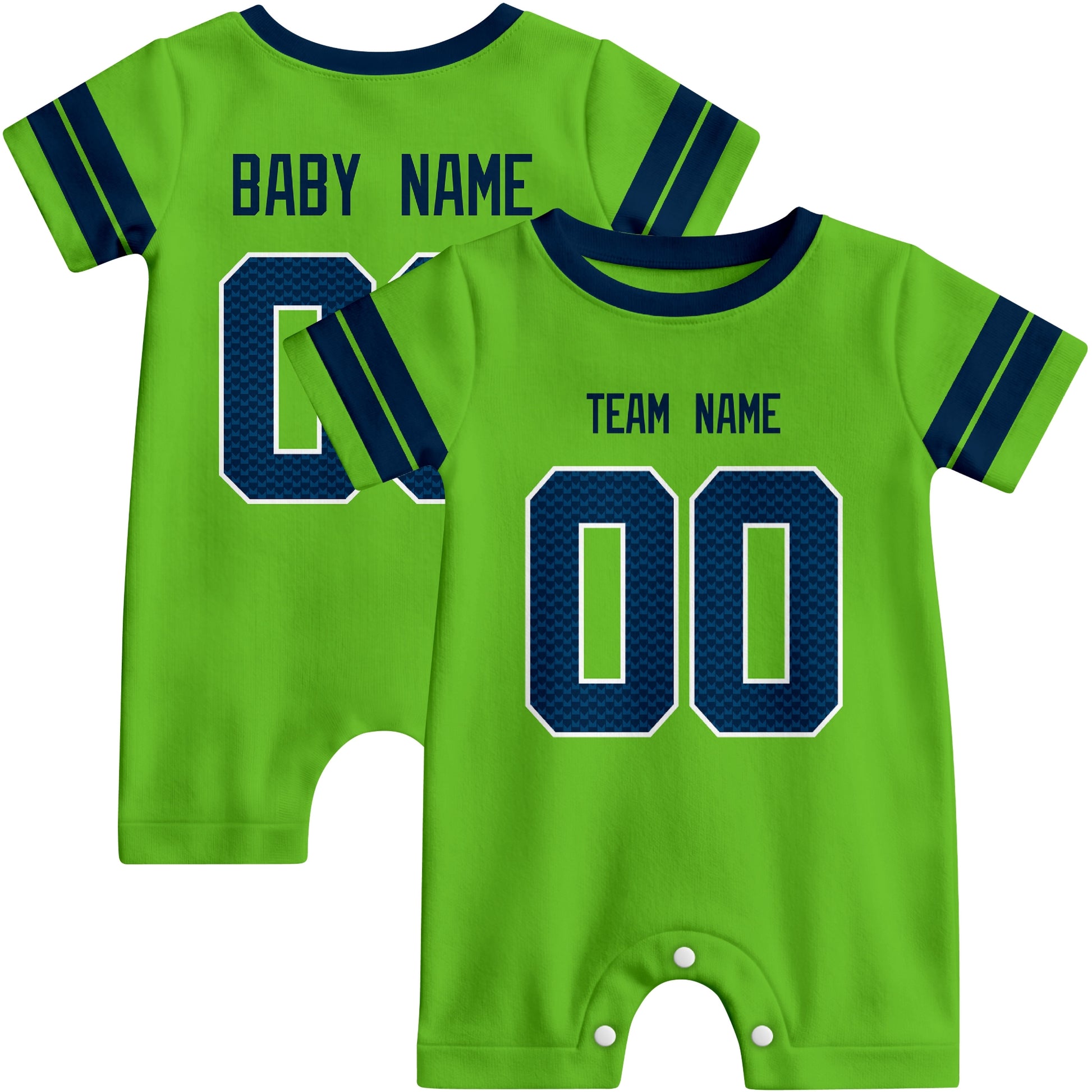 Front and back views of custom football-style baby onesie in Neon Green and Navy colors with personalized details
