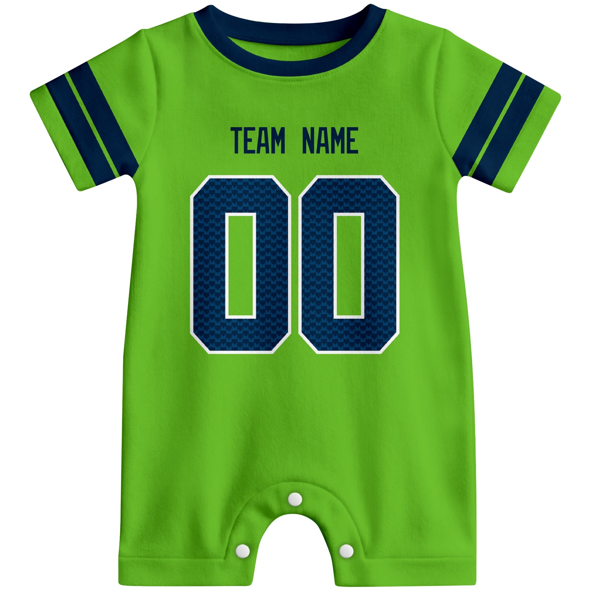 Front view of custom football-style baby onesie in Neon Green personalized with name and number