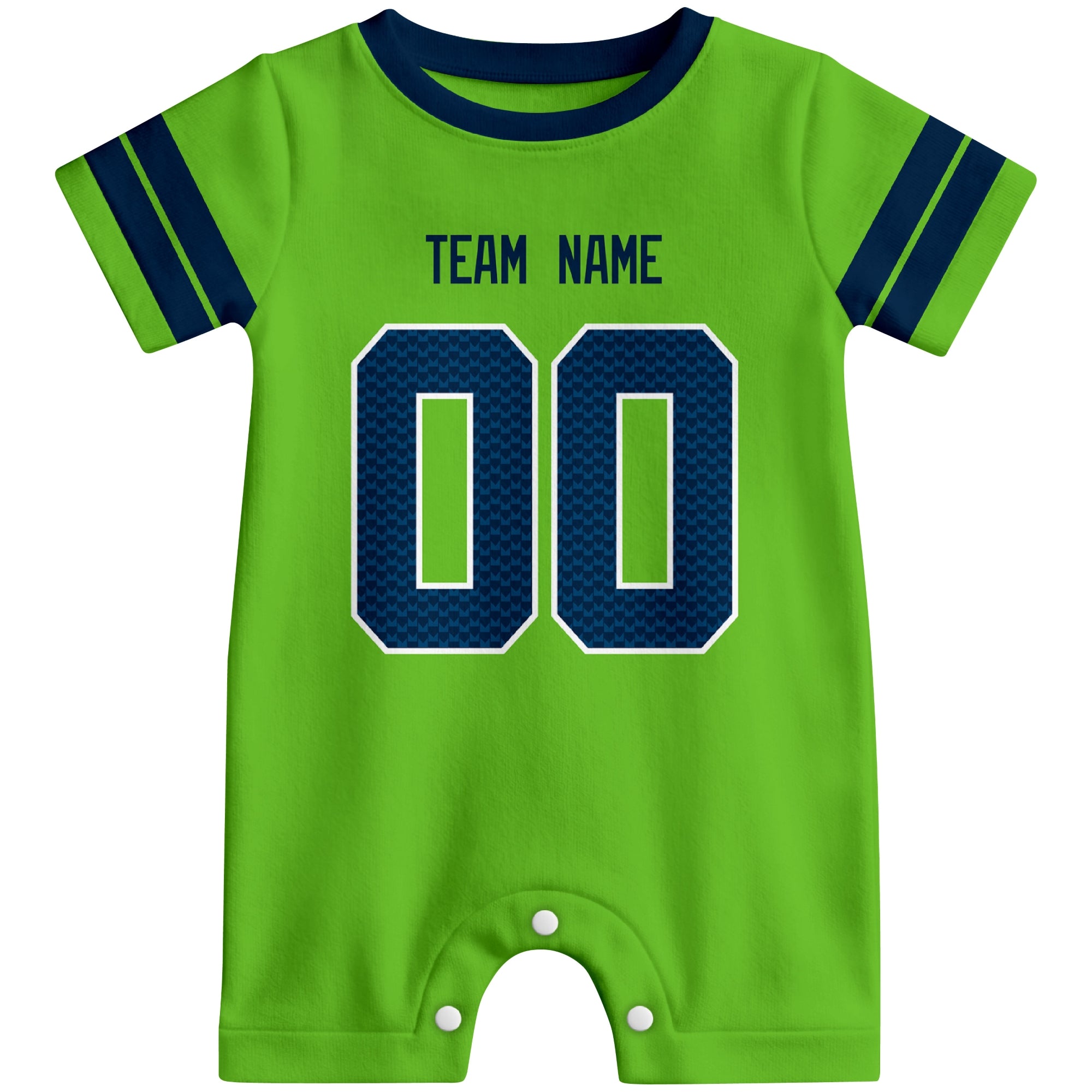 Front view of custom football-style baby onesie in Neon Green personalized with name and number