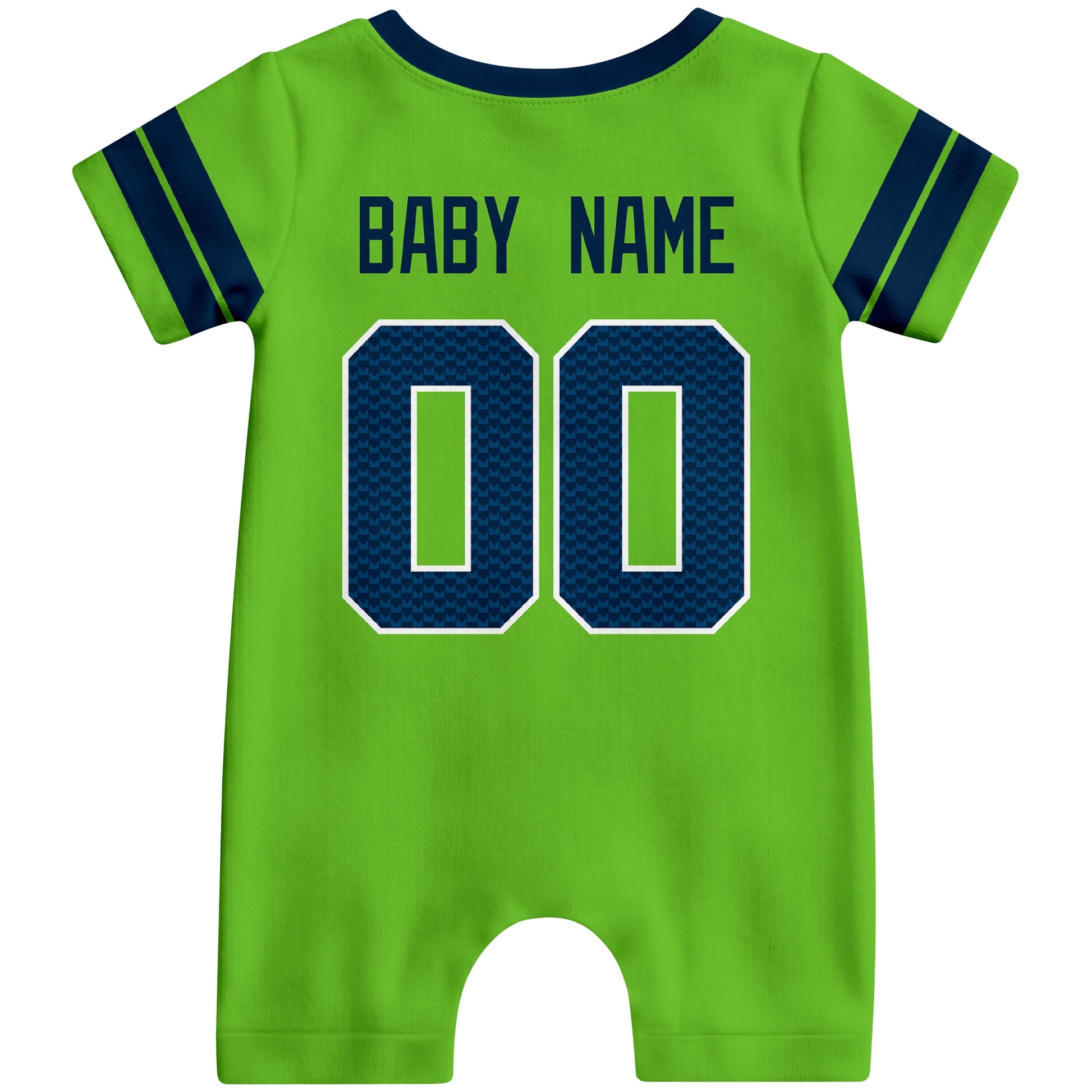 Back view of custom football-style baby onesie in Neon Green personalized with name and number