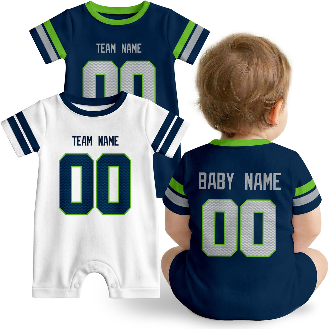 Baby wearing custom football-style onesie in Navy, White, and Neon Green with personalized name and number
