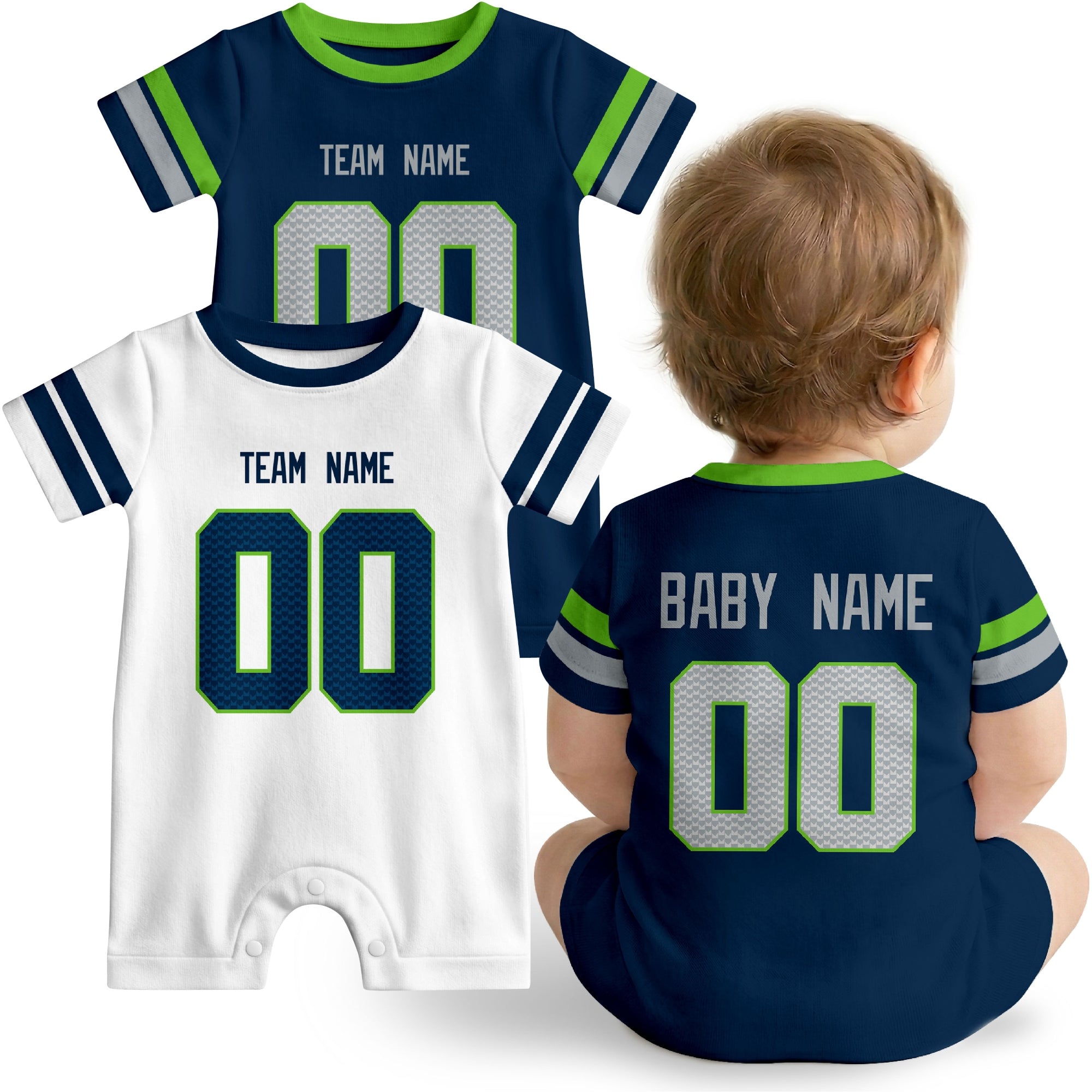 Baby wearing custom football-style onesie in Navy, White, and Neon Green with personalized name and number