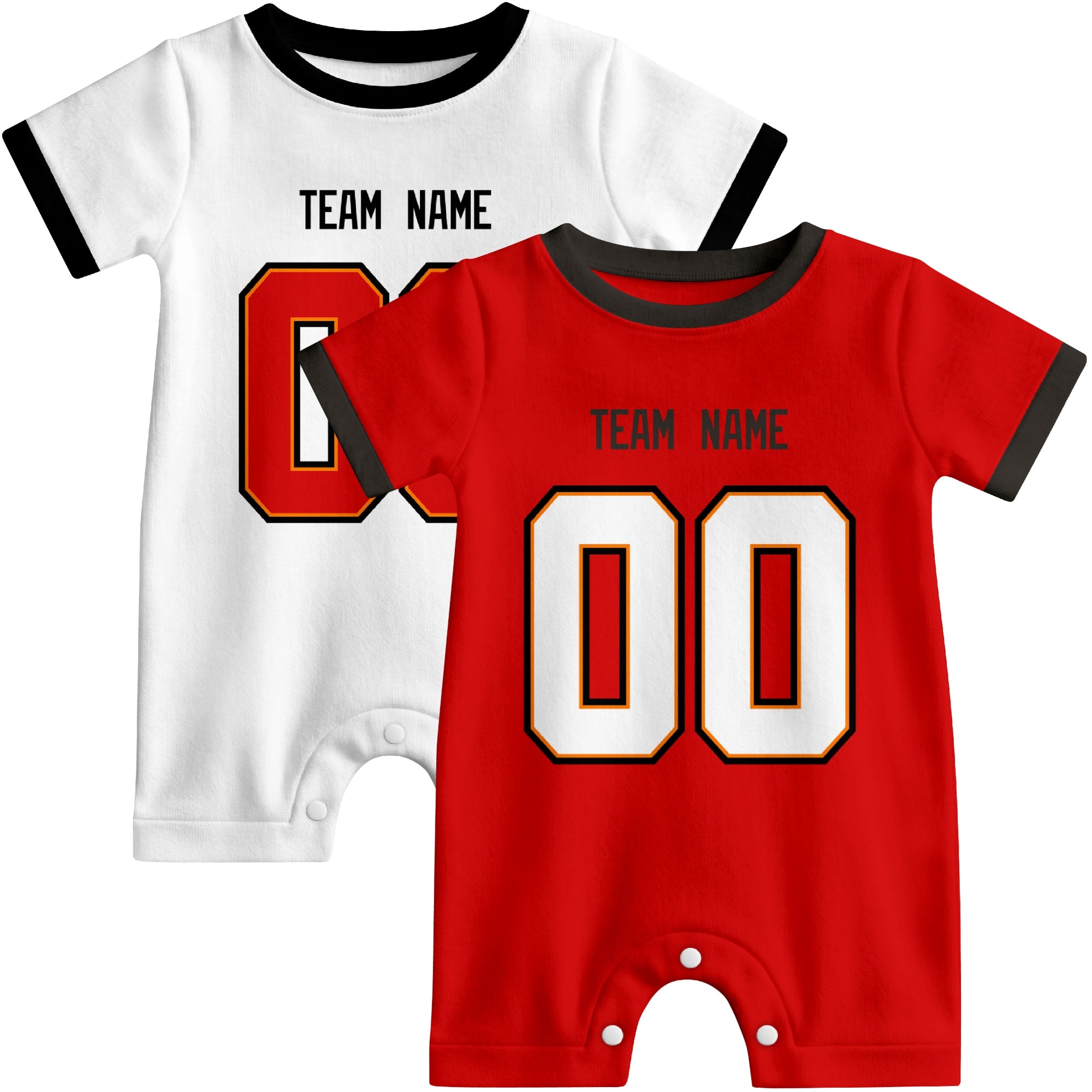 Custom football-style baby onesie color options in Red and White