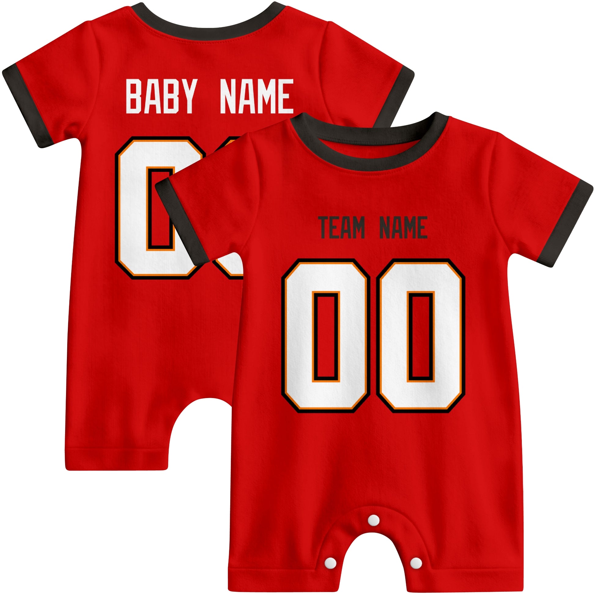 Front and back views of custom football-style baby onesie in Red and White colors with personalized details