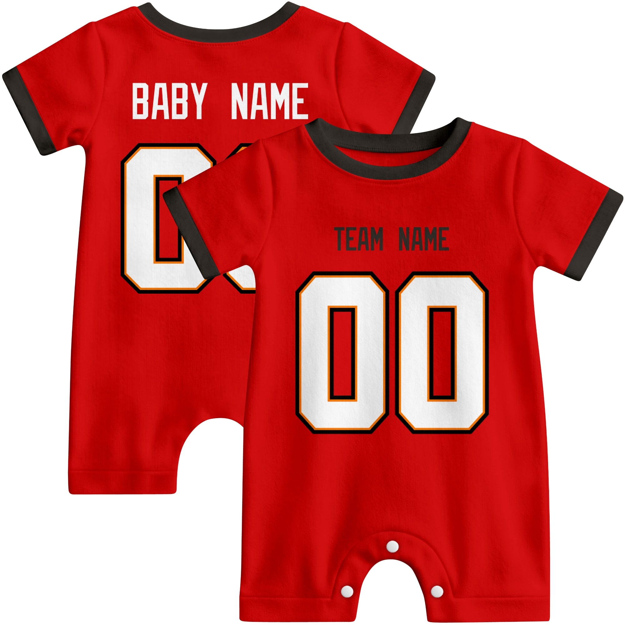 Front and back views of custom football-style baby onesie in Red and White colors with personalized details