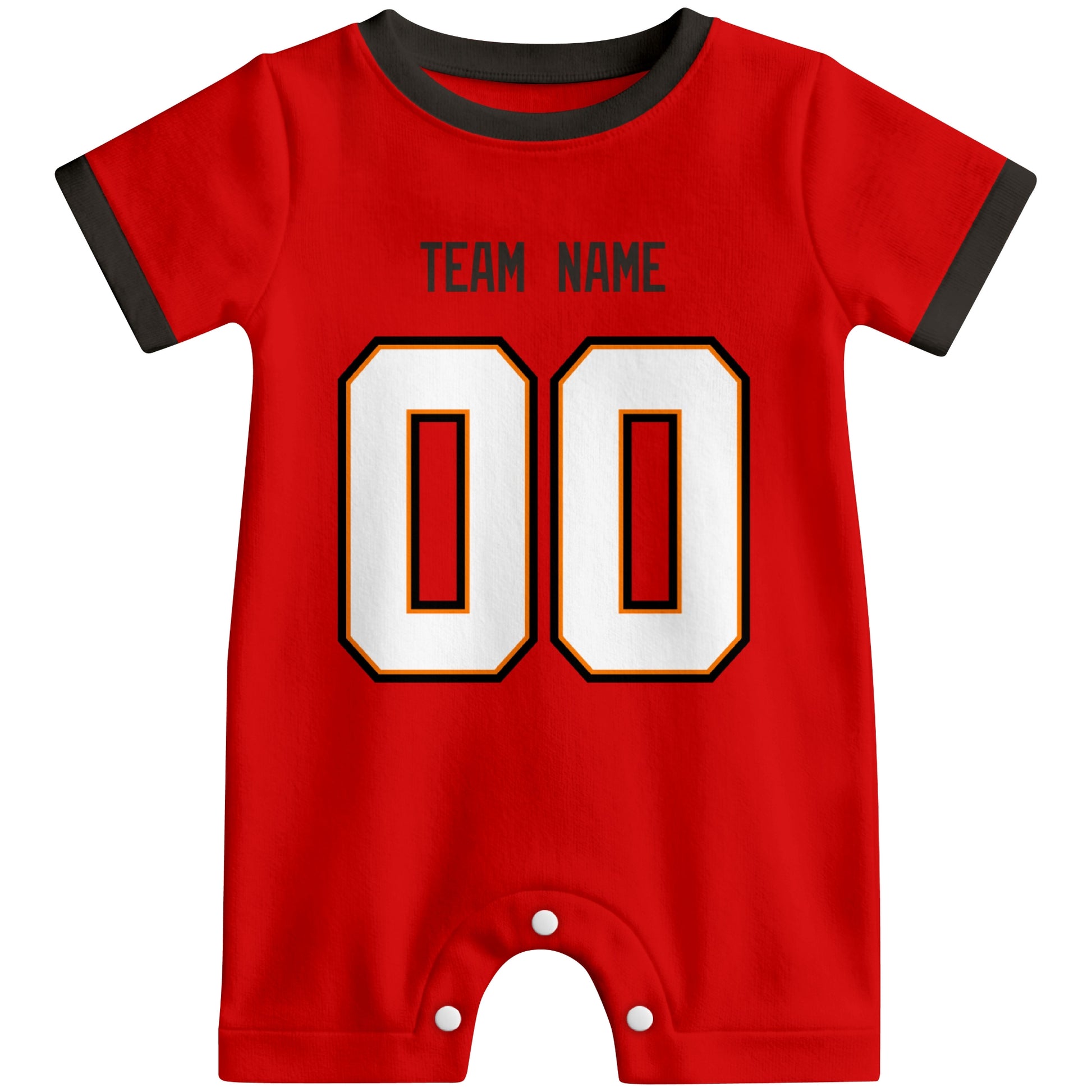 Front view of custom football-style baby onesie in Red personalized with team name and number