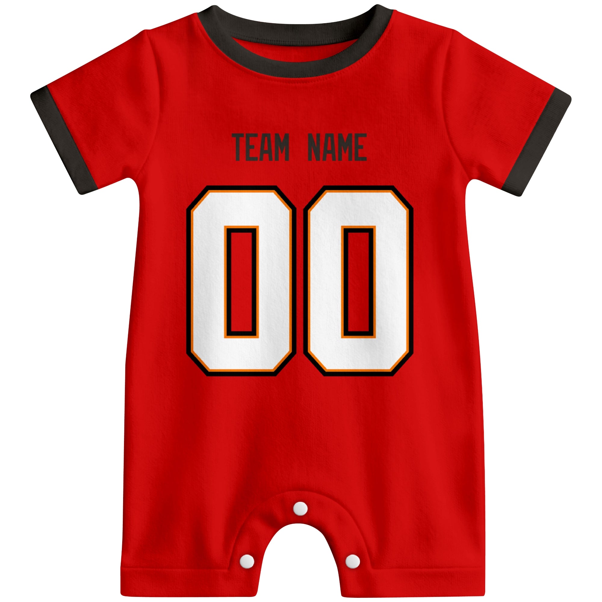Front view of custom football-style baby onesie in Red personalized with team name and number