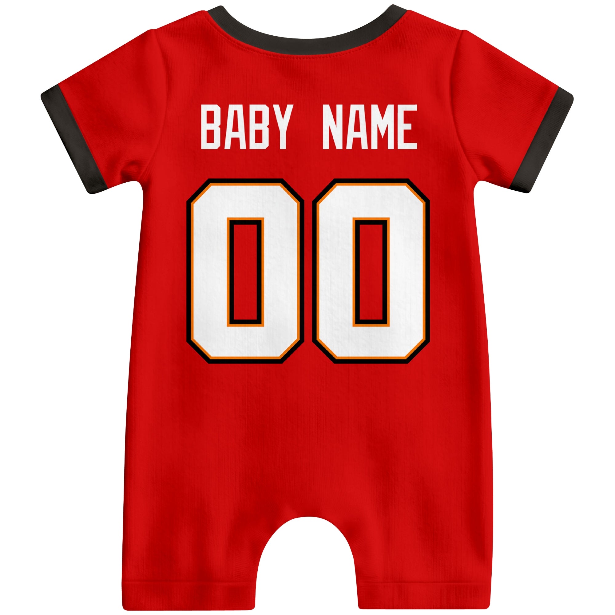 Back view of custom football-style baby onesie in Red personalized with baby name and number