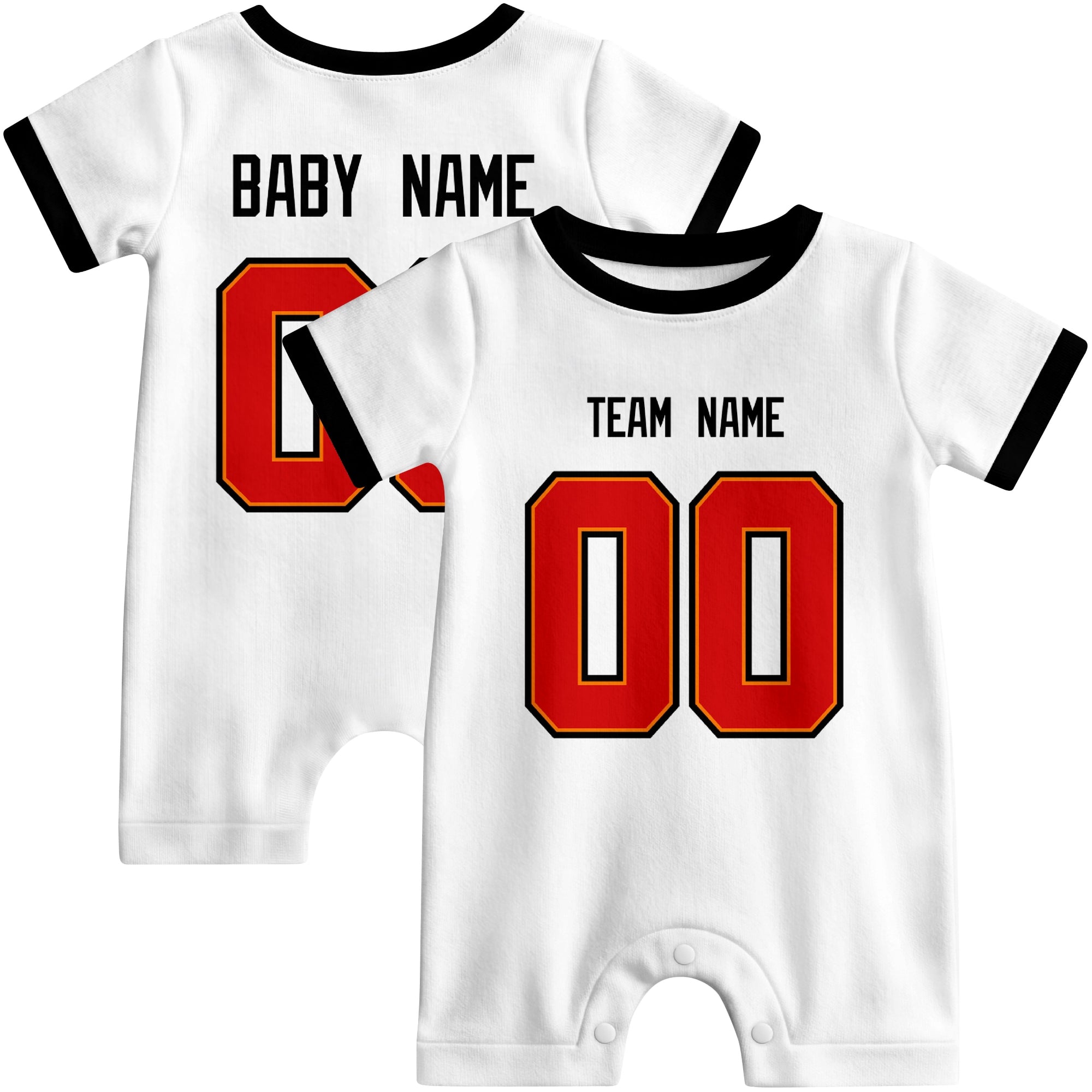 Front and back views of custom football-style baby onesie in White and Red colors with personalized details
