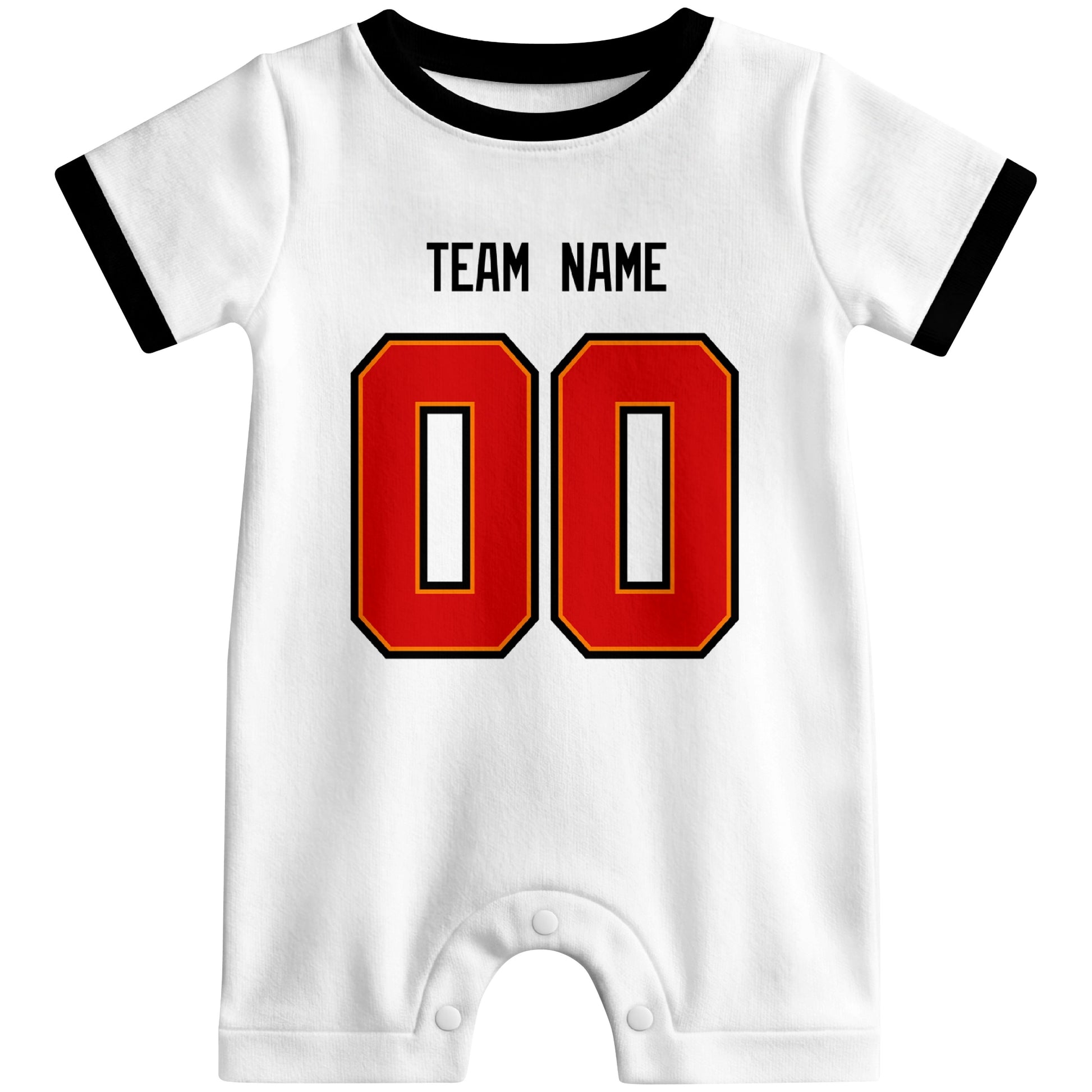 Front view of custom football-style baby onesie in White personalized with name and number