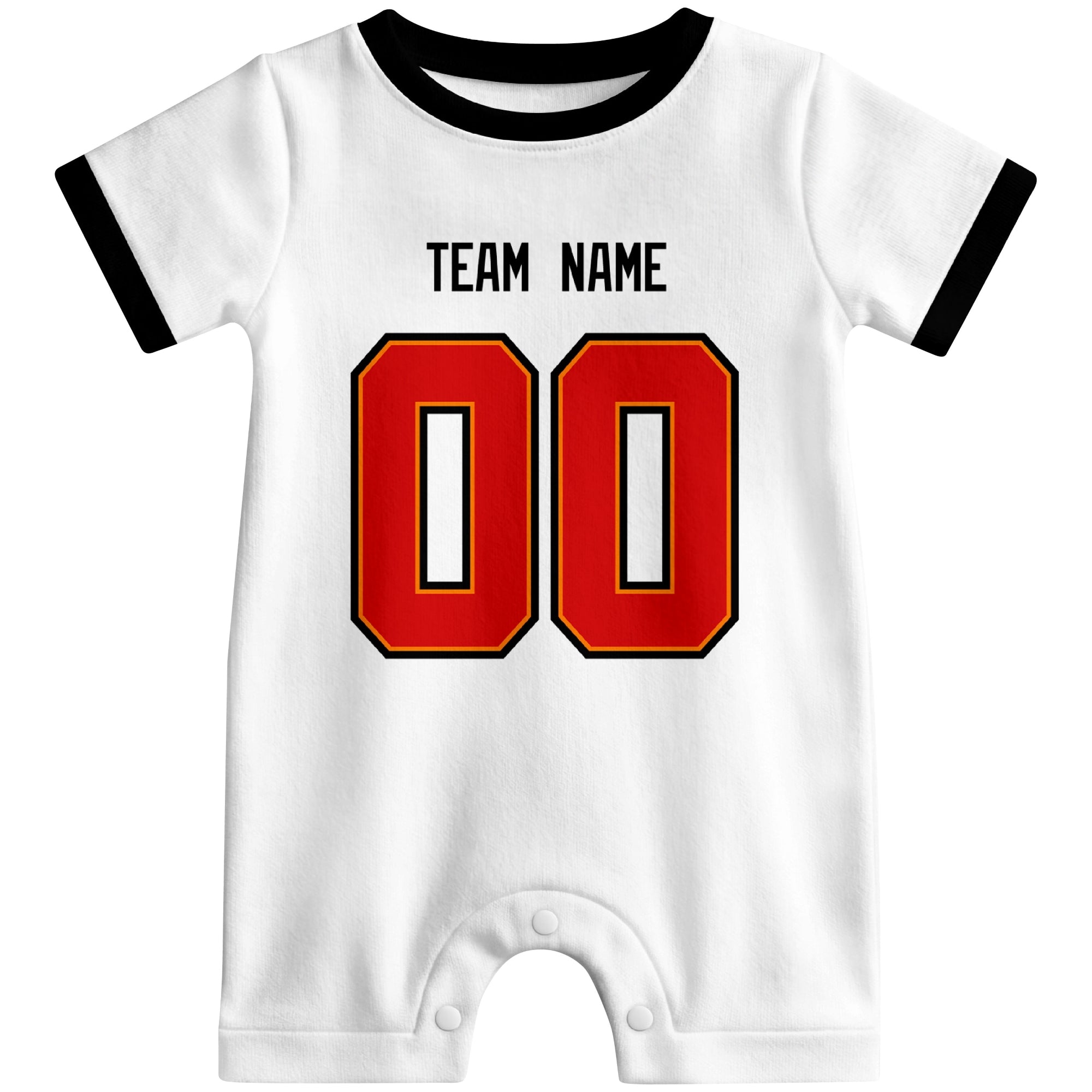 Front view of custom football-style baby onesie in White personalized with name and number