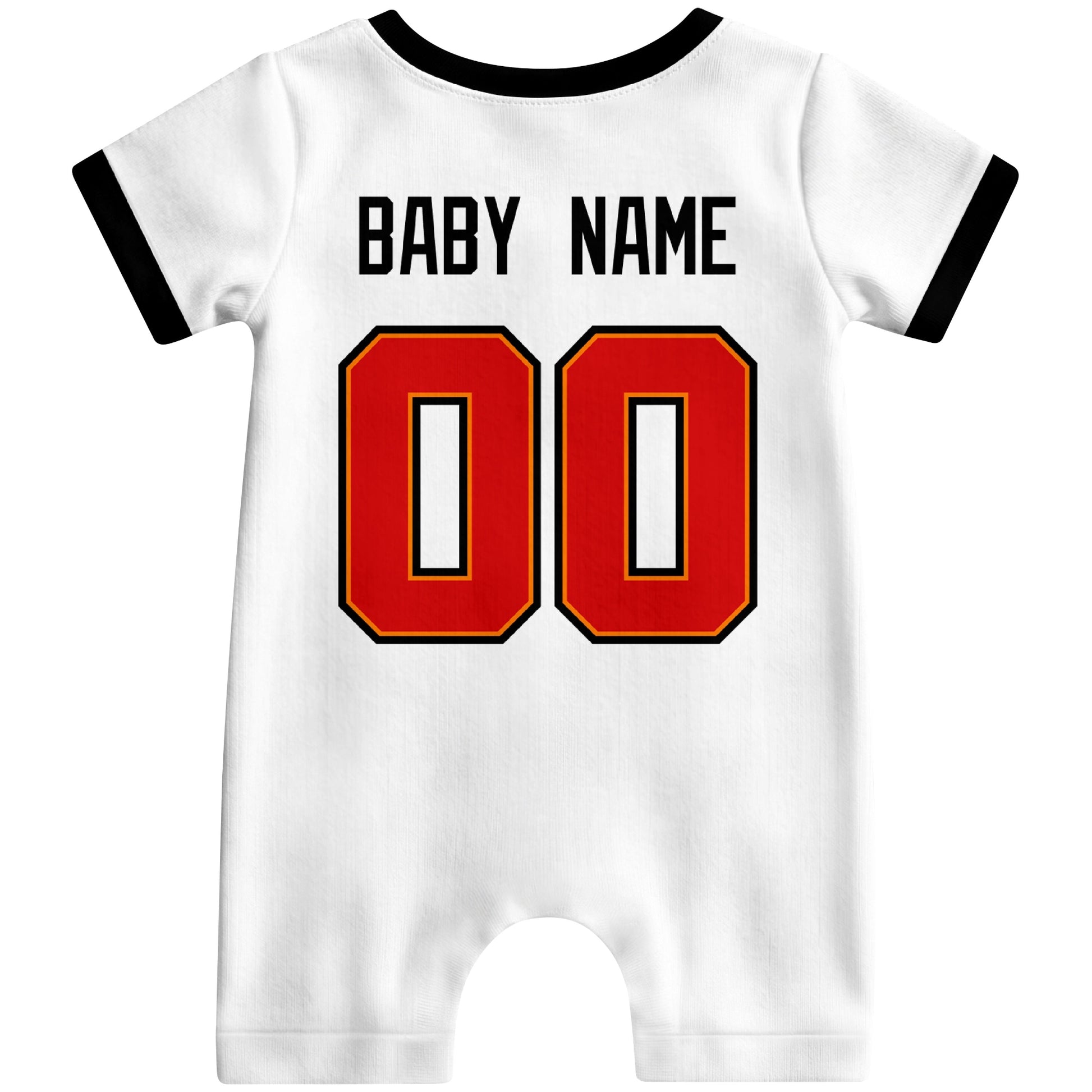 Back view of custom football-style baby onesie in White personalized with name and number