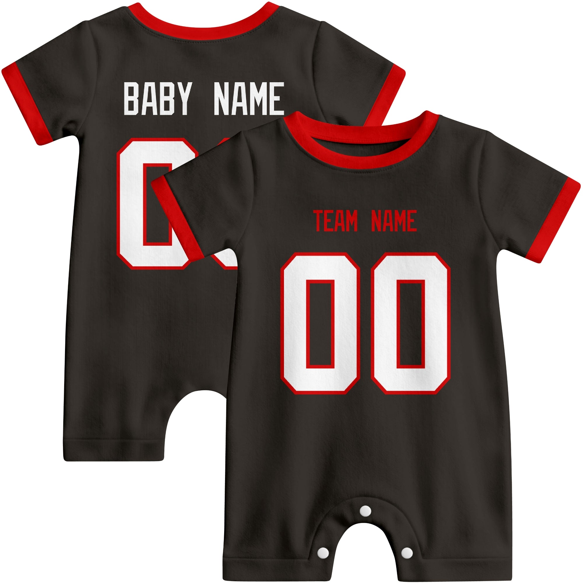 Front and back views of custom football-style baby onesie in Black and Red colors with personalized details