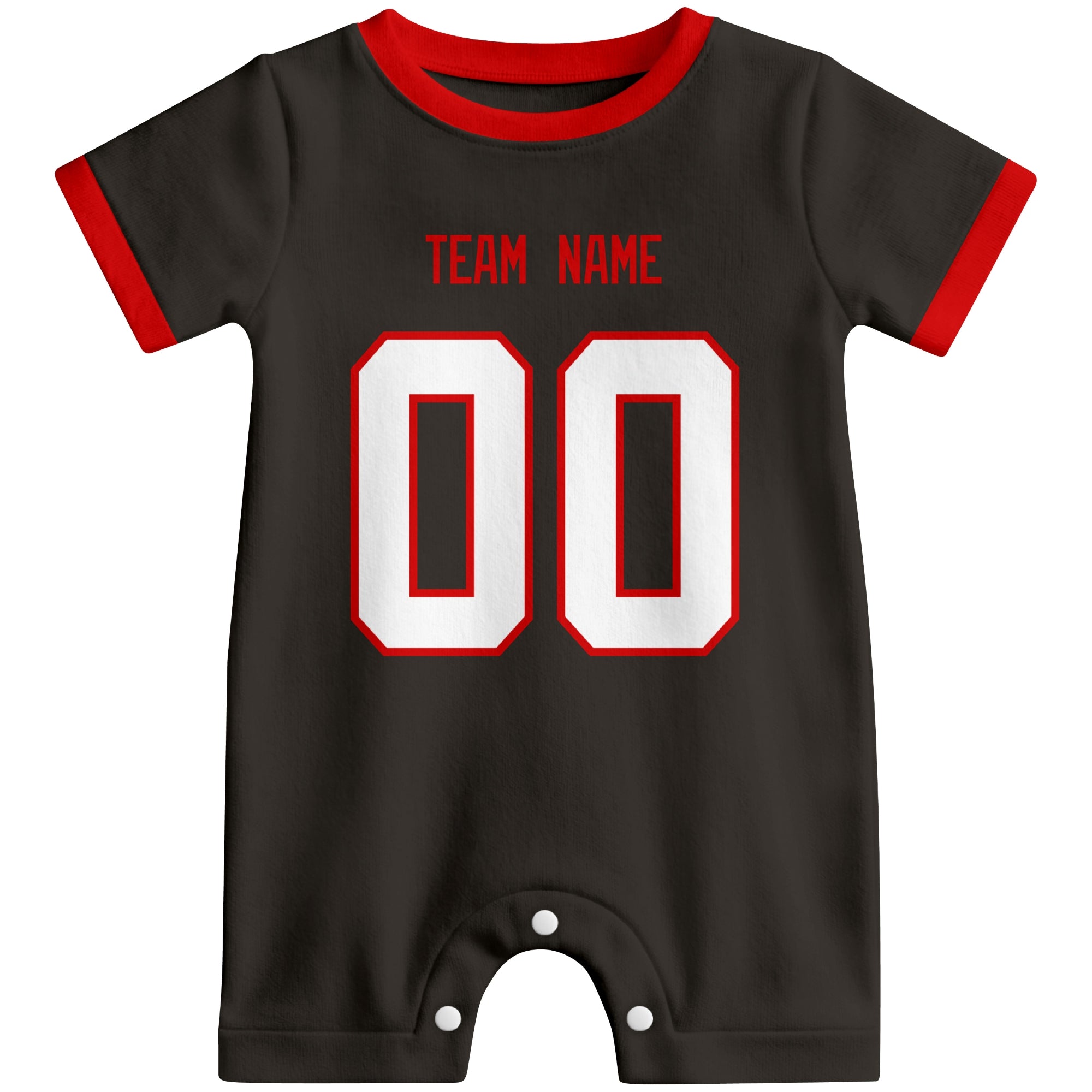 Front view of custom football-style baby onesie in Black personalized with name and number