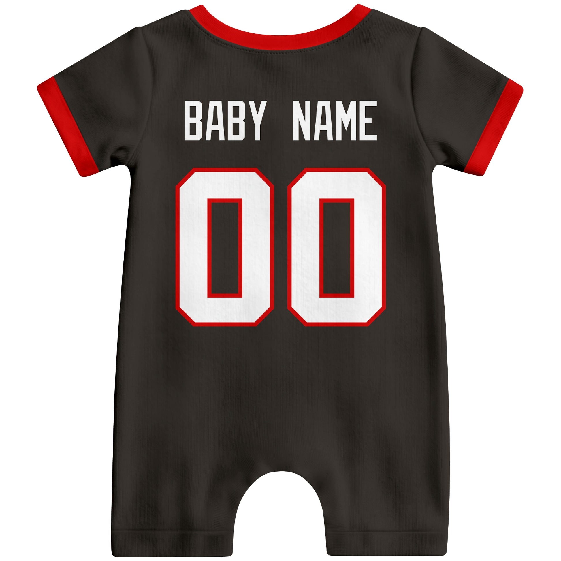 Back view of custom football-style baby onesie in Black personalized with name and number