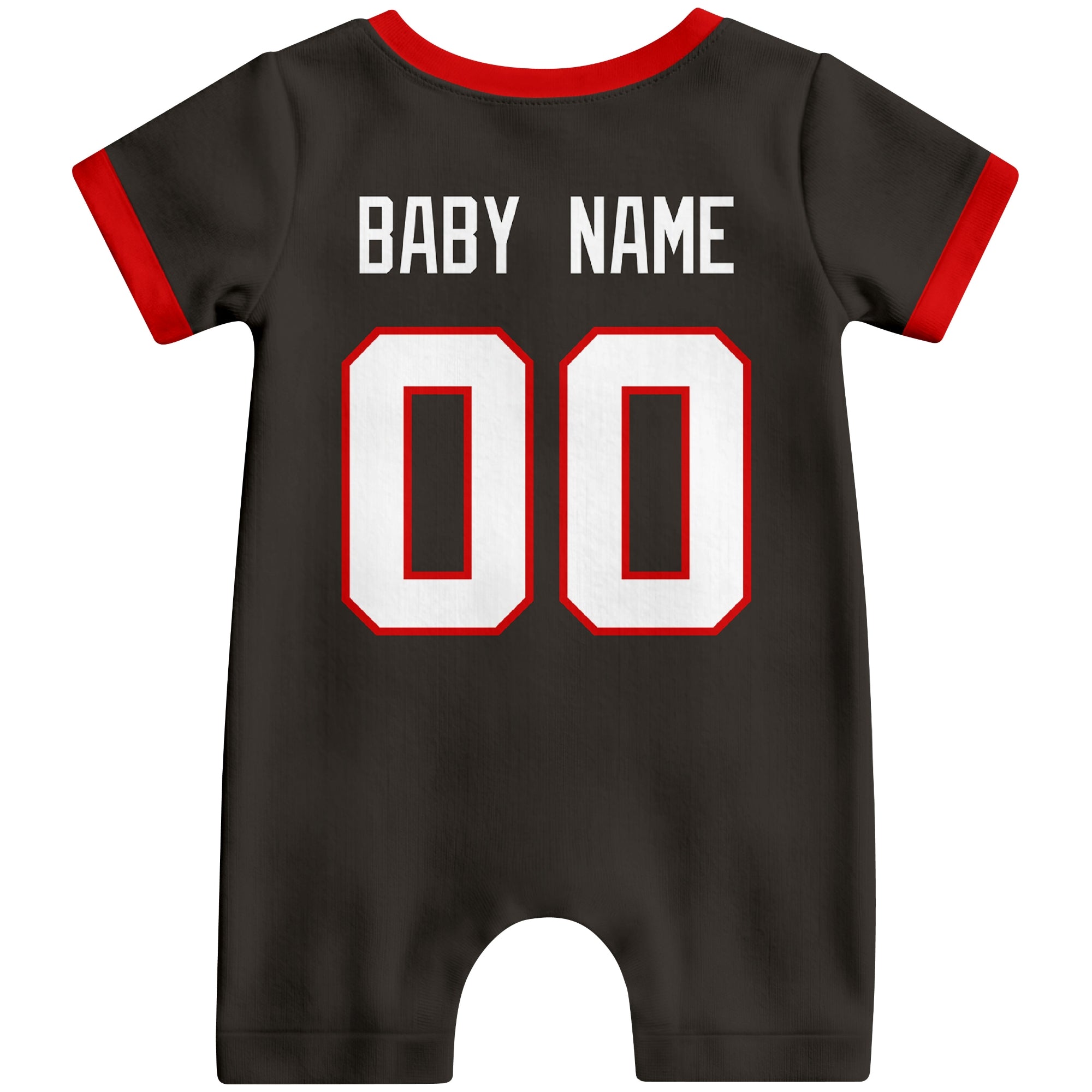 Back view of custom football-style baby onesie in Black personalized with name and number