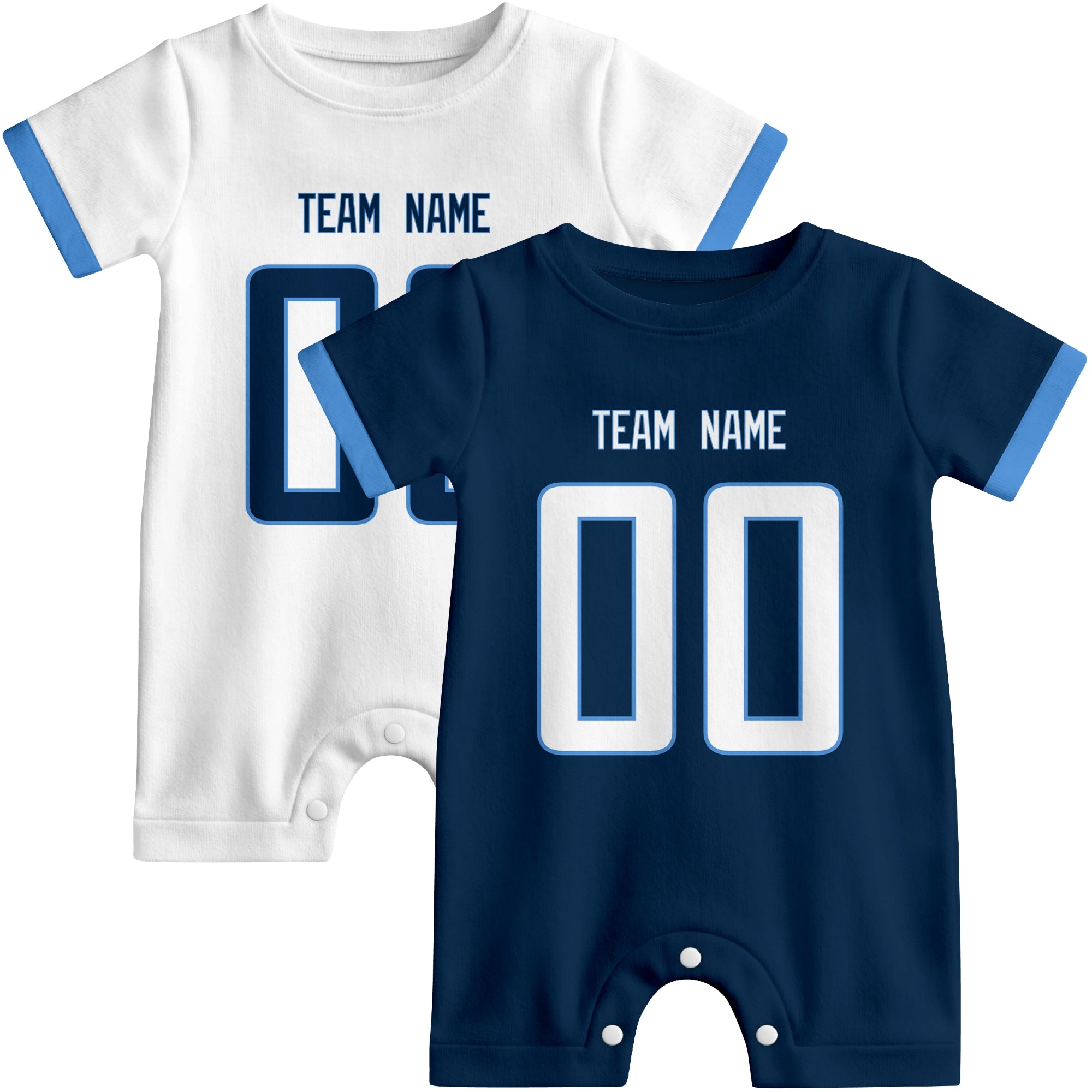 Custom football-style baby onesie color options in Navy and White