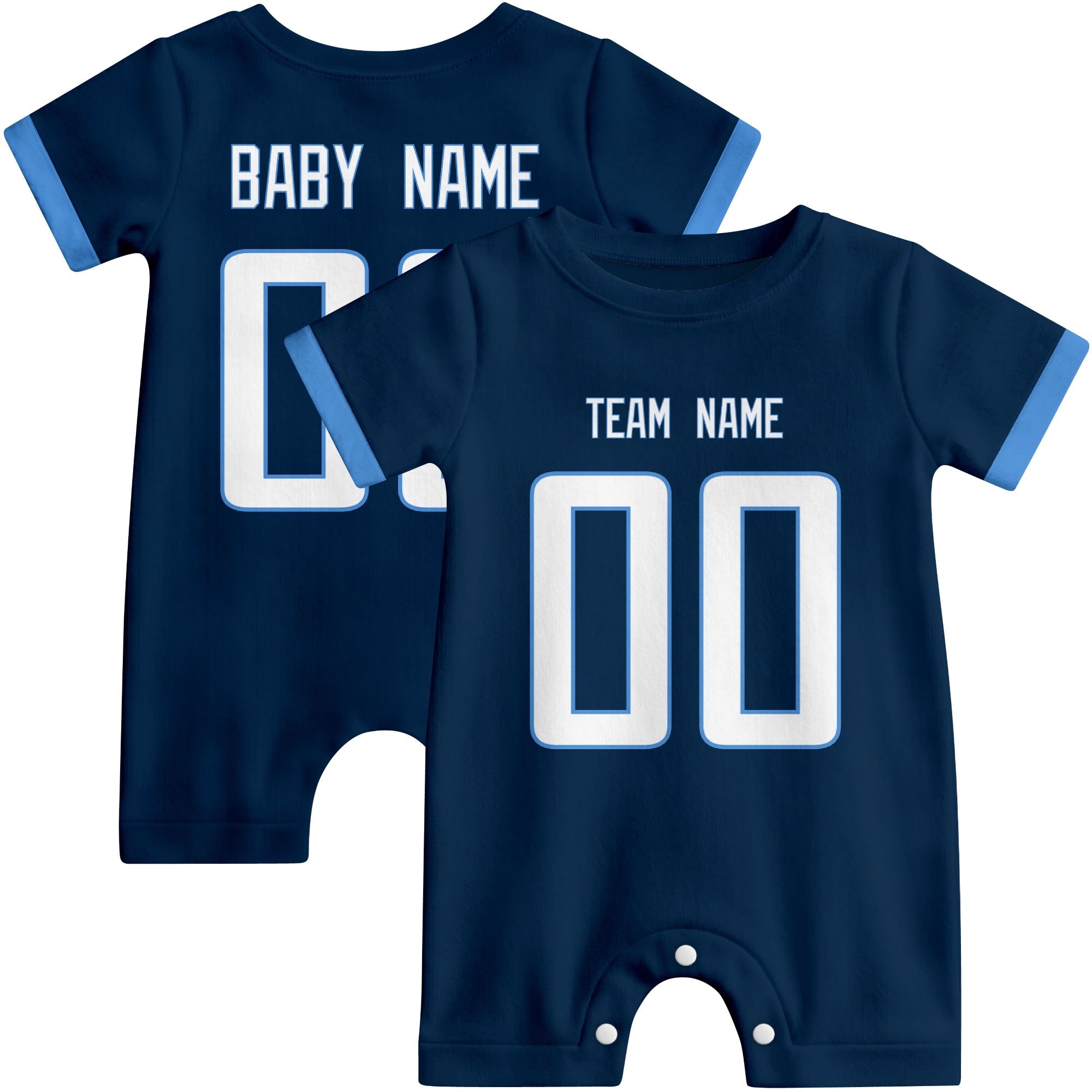 Front and back views of custom football-style baby onesie in Navy and White colors with personalized details