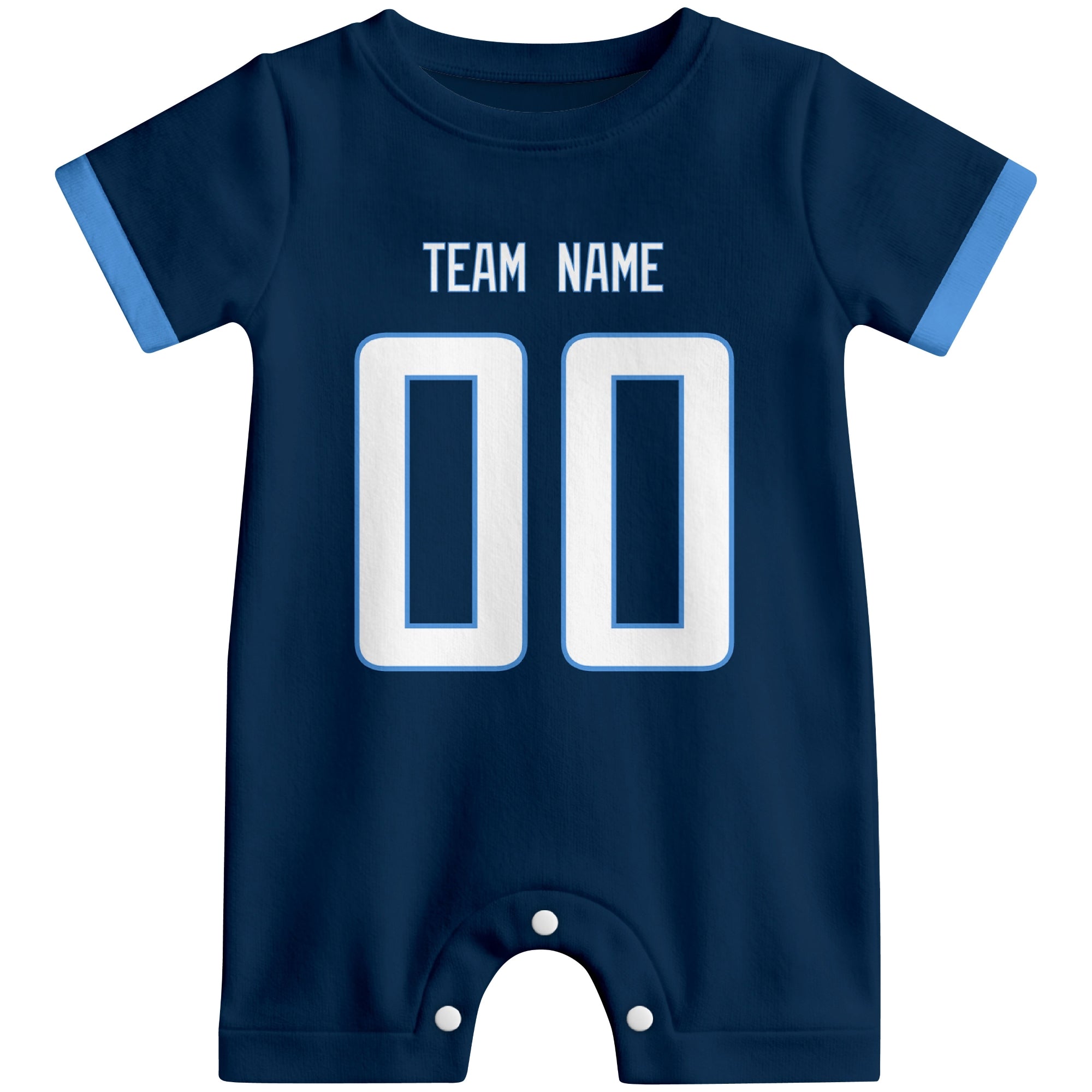 Front view of custom football-style baby onesie in Navy personalized with team name and number