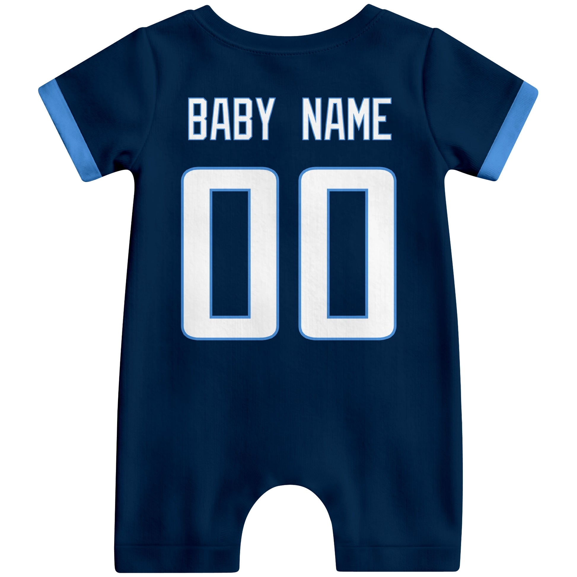 Back view of custom football-style baby onesie in Navy personalized with baby name and number