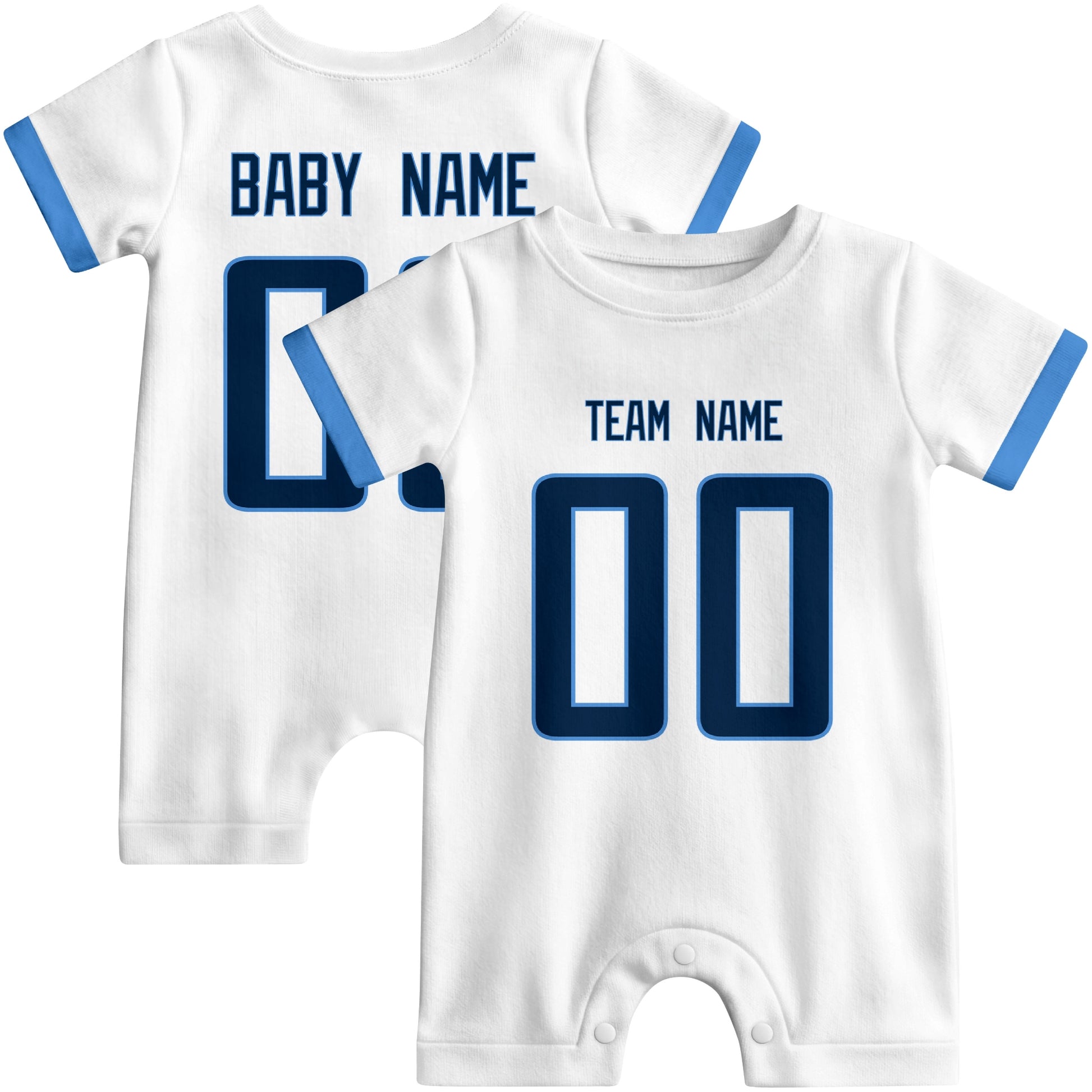 Front and back views of custom football-style baby onesie in White and Navy colors with personalized details