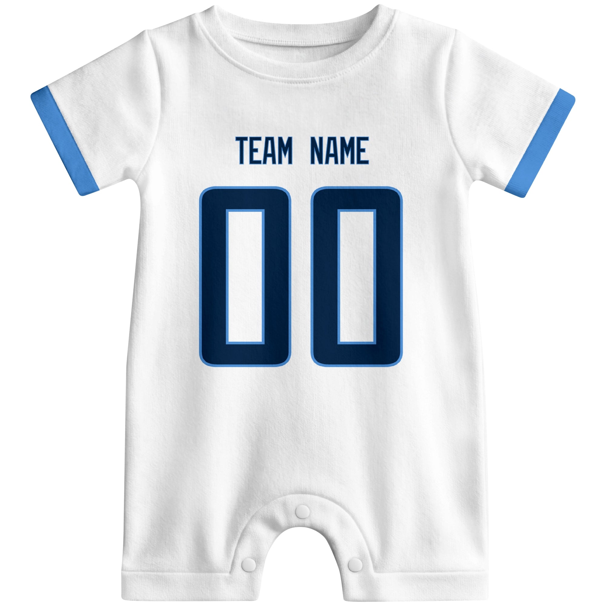 Front view of custom football-style baby onesie in White personalized with name and number