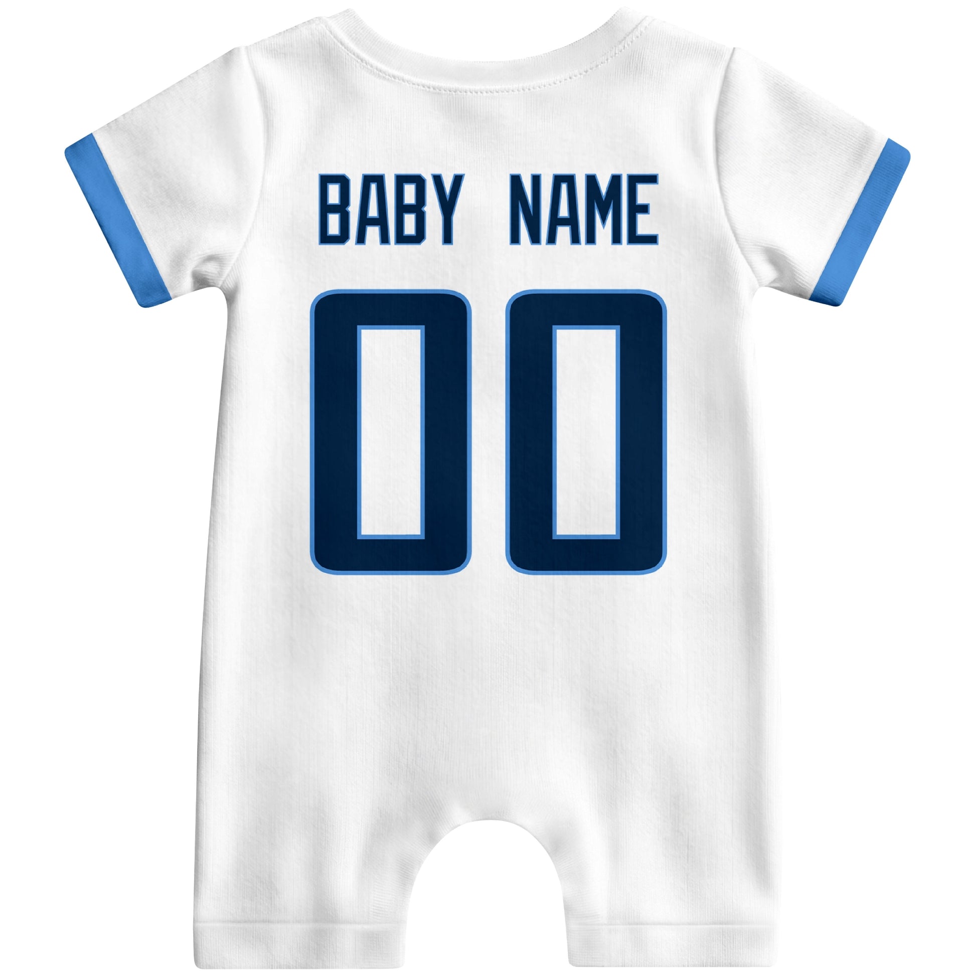 Back view of custom football-style baby onesie in White personalized with name and number