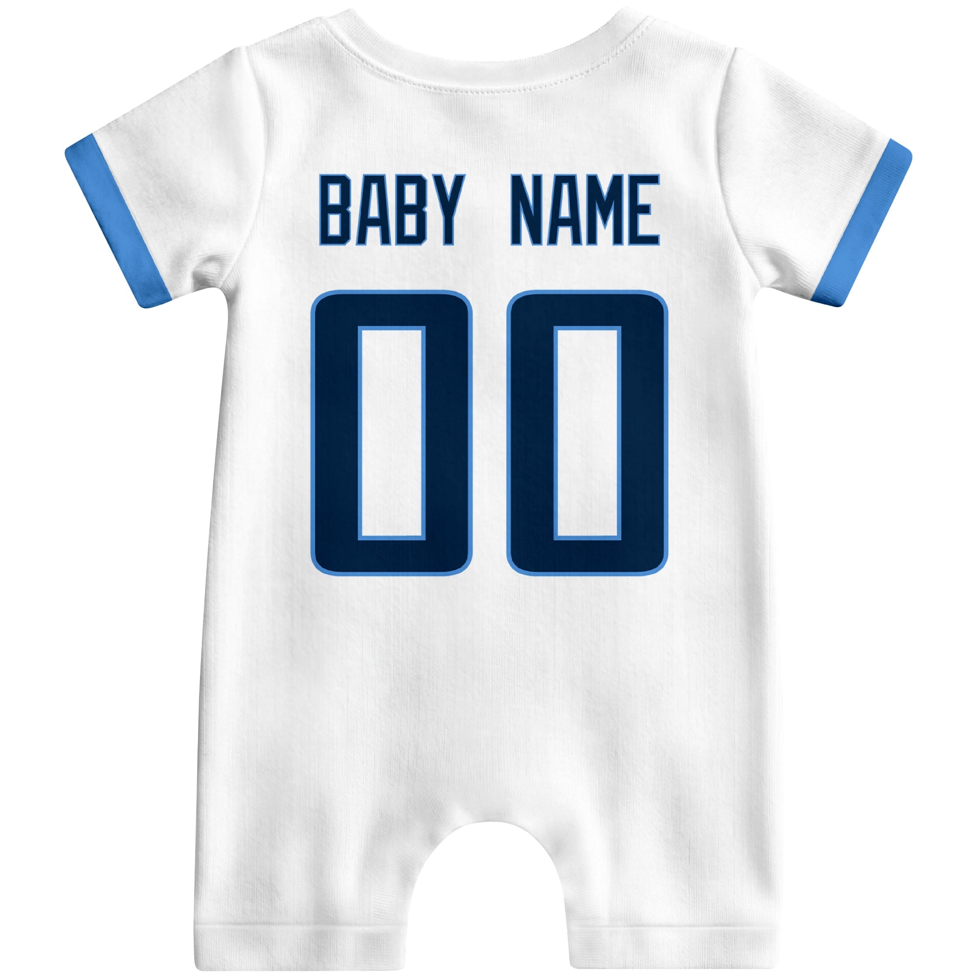 Back view of custom football-style baby onesie in White personalized with name and number