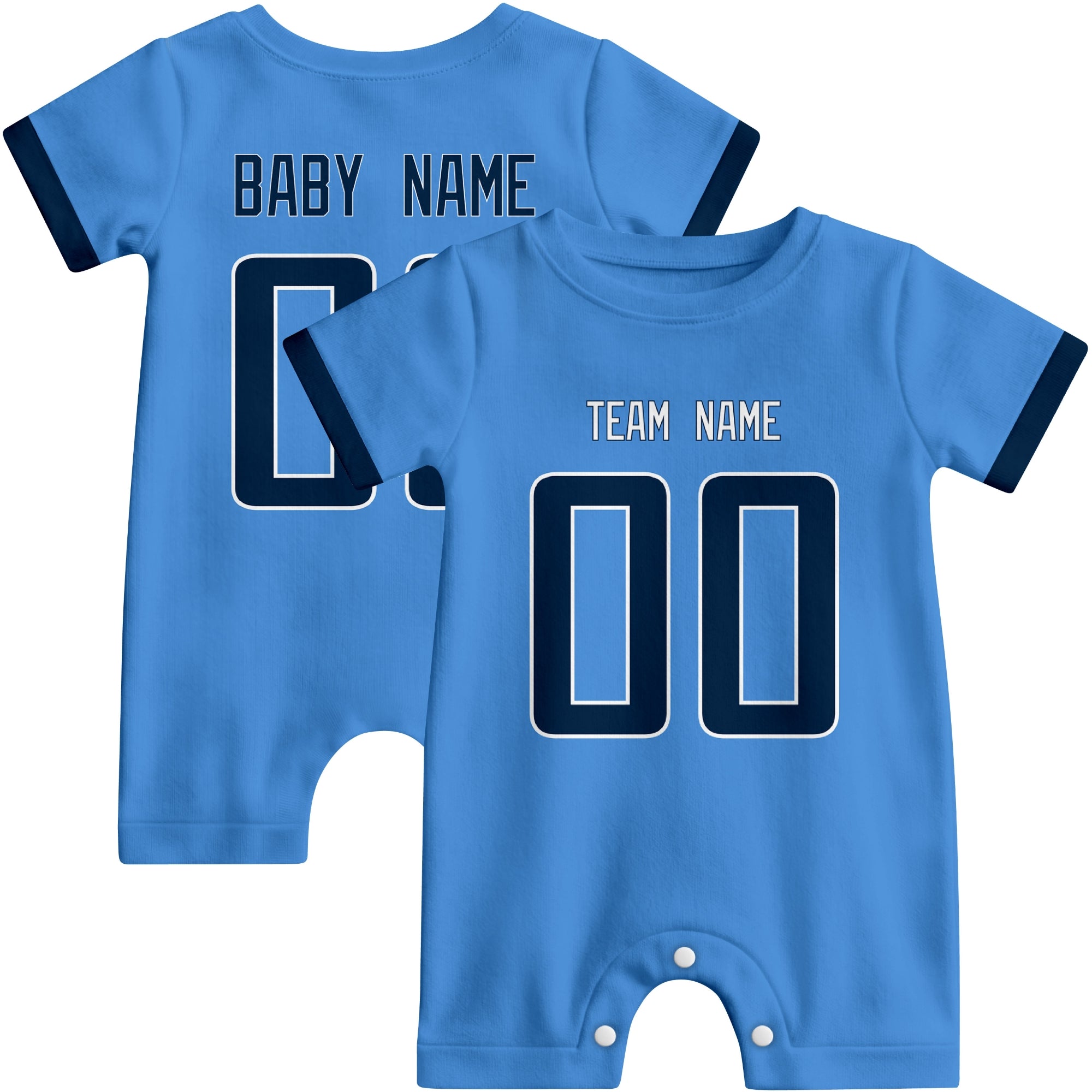 Front and back views of custom football-style baby onesie in Light Blue and Navy colors with personalized details