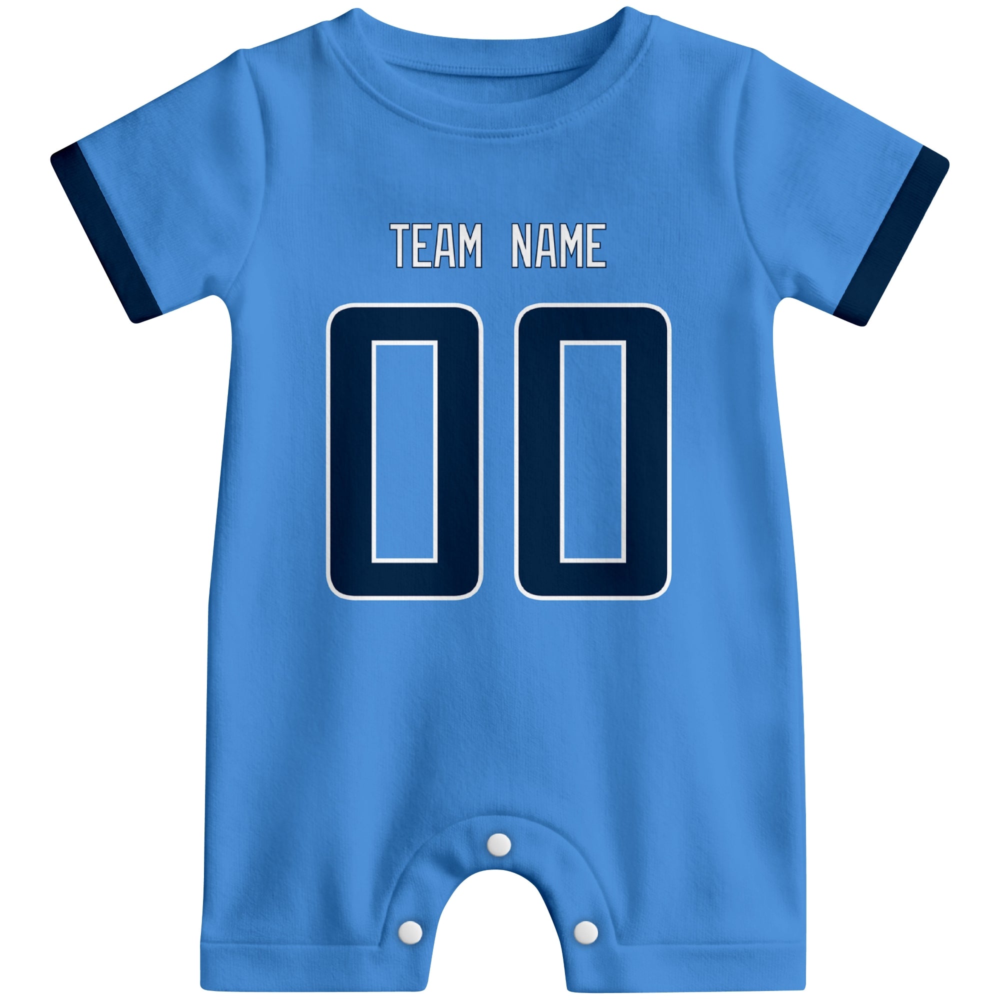 Front view of custom football-style baby onesie in Light Blue personalized with name and number
