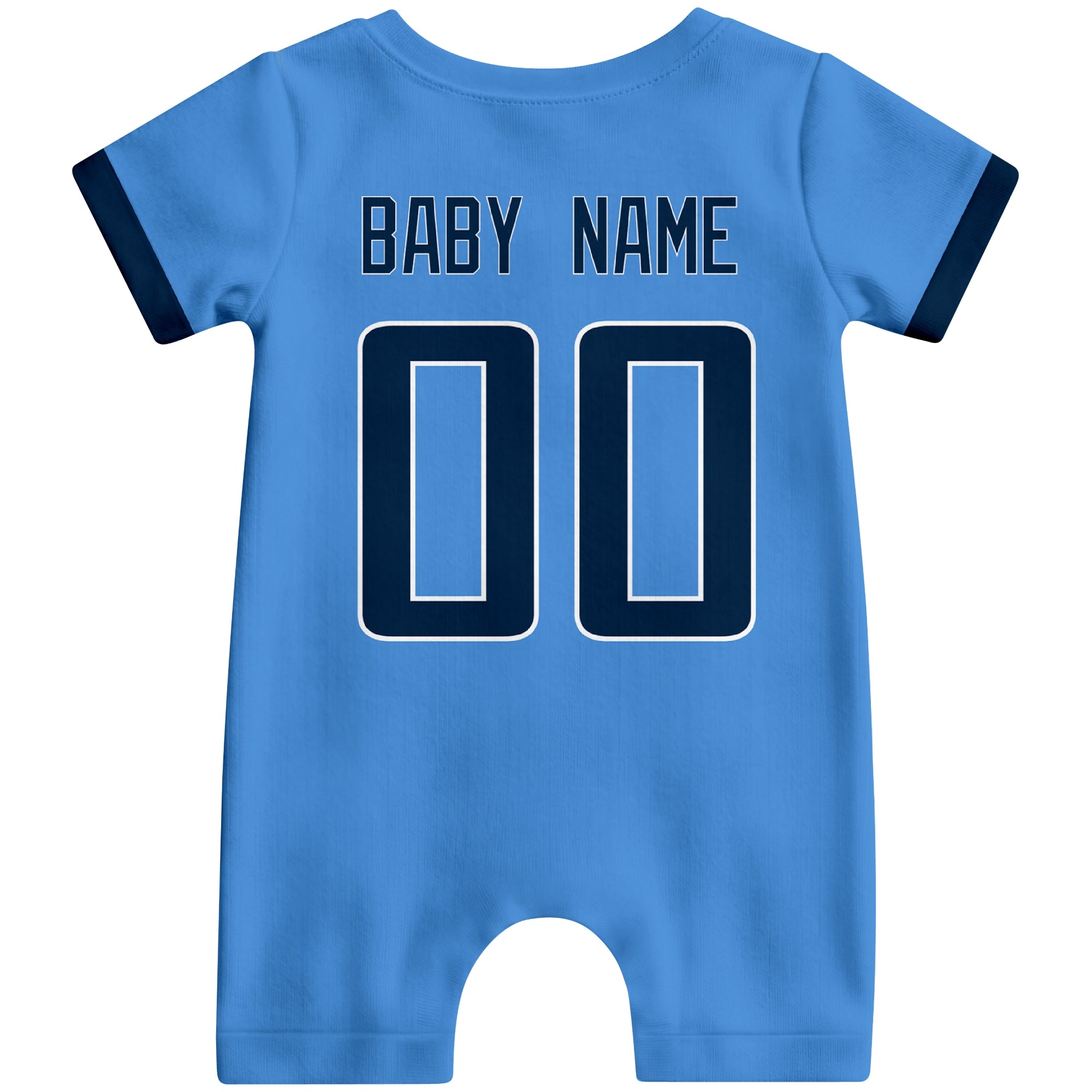 Back view of custom football-style baby onesie in Light Blue personalized with name and number