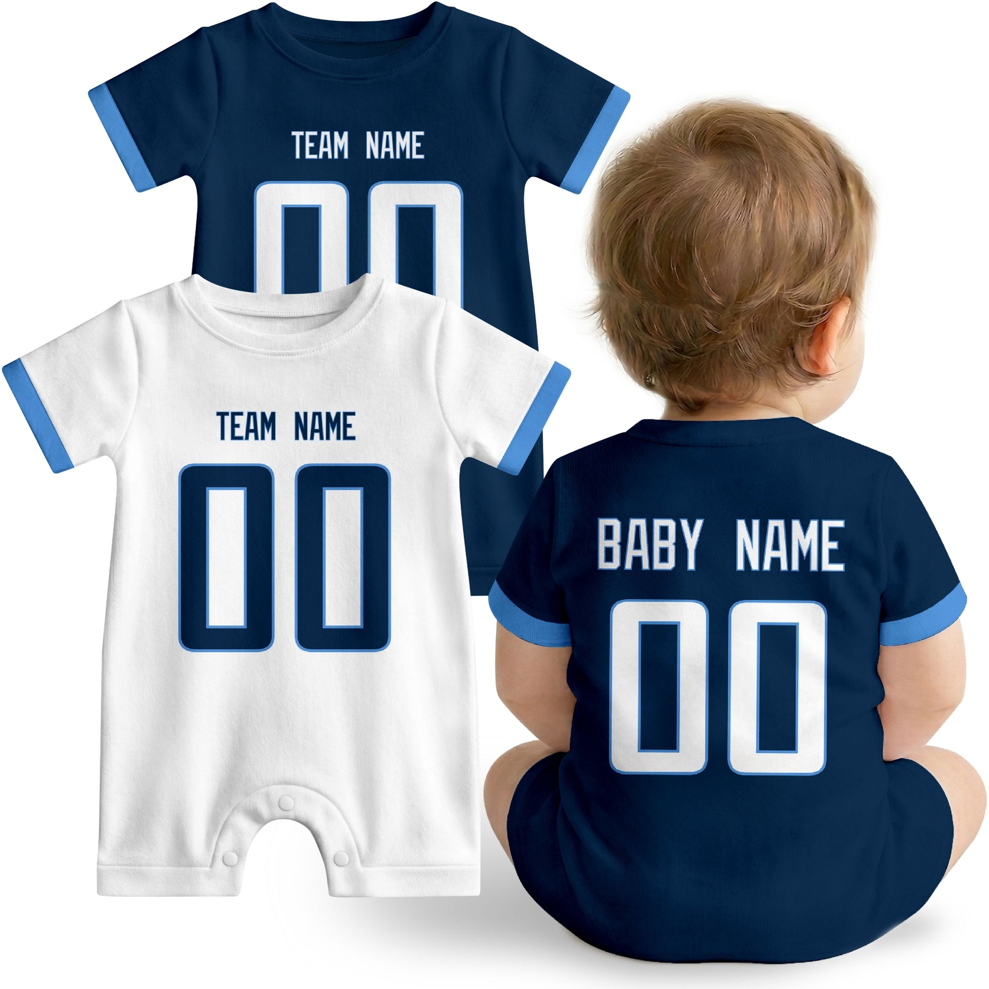 Baby wearing custom football-style onesie in Navy, White, and Light Blue with personalized name and number