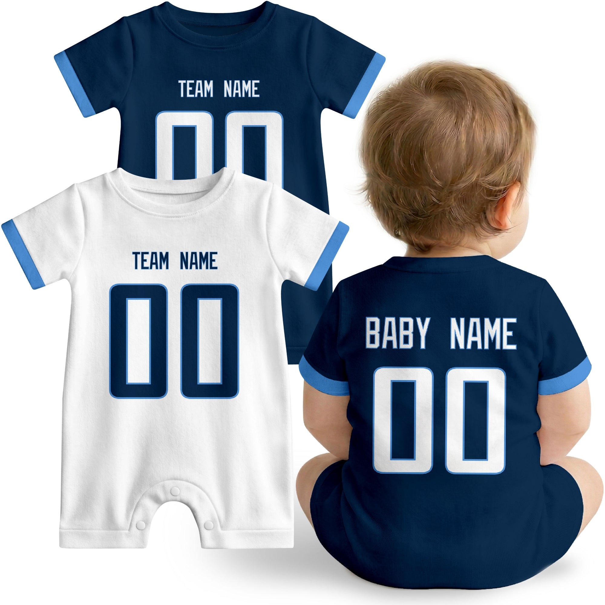 Baby wearing custom football-style onesie in Navy, White, and Light Blue with personalized name and number