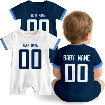 Baby wearing custom football-style onesie in Navy, White, and Light Blue with personalized name and number