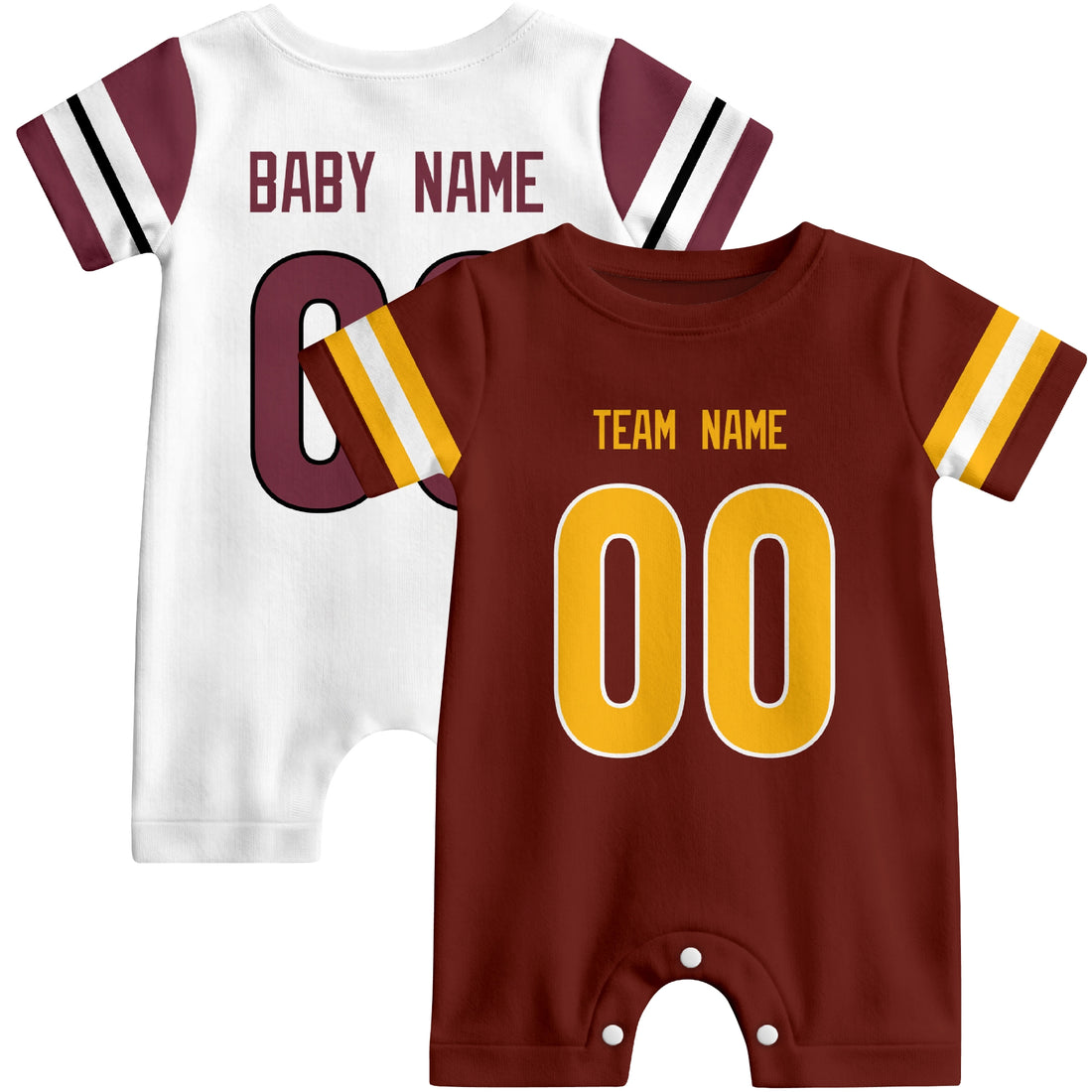 Baby wearing custom football-style onesie in Burgundy, White, and Black with personalized name and number