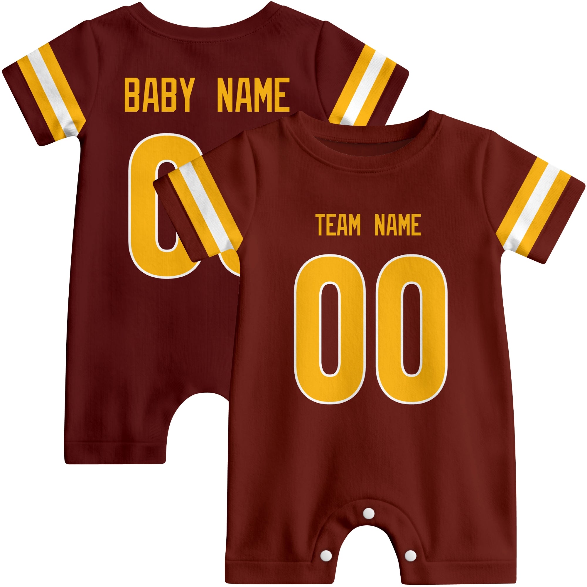Front and back views of custom football-style baby onesie in Burgundy and White colors with personalized details