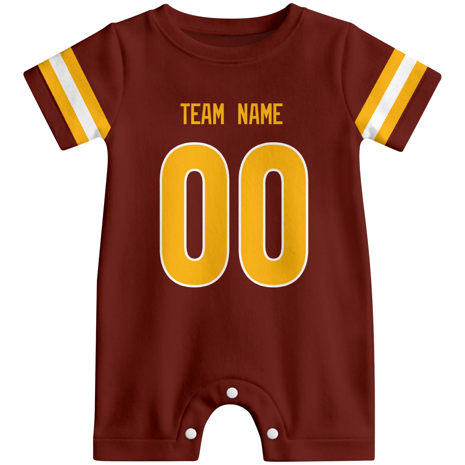 Front view of custom football-style baby onesie in Burgundy personalized with team name and number