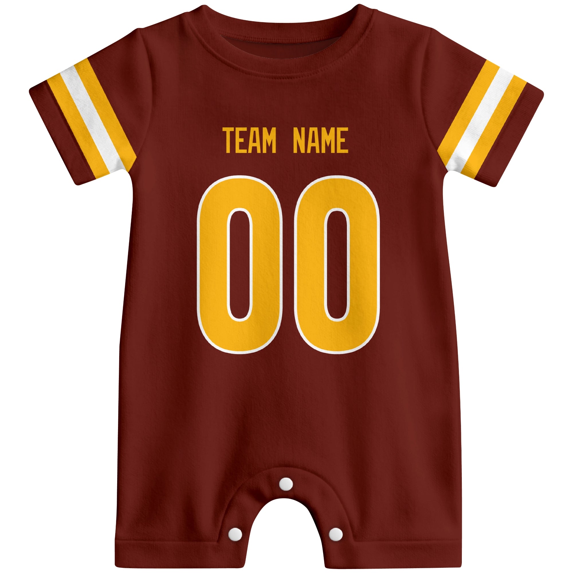 Front view of custom football-style baby onesie in Burgundy personalized with team name and number