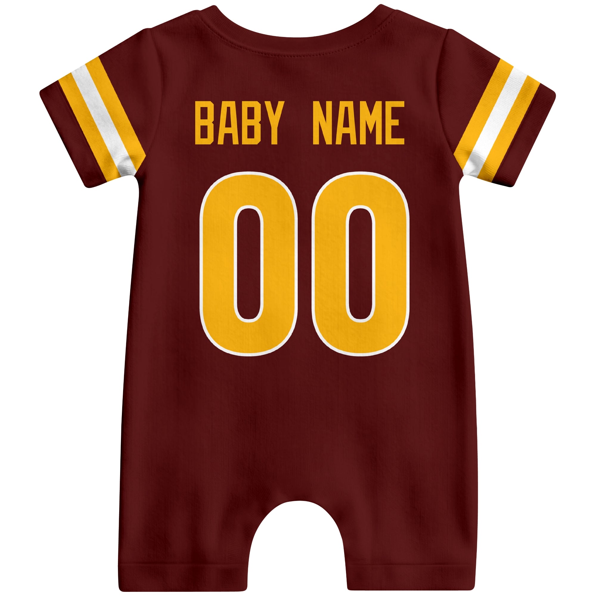Back view of custom football-style baby onesie in Burgundy personalized with baby name and number