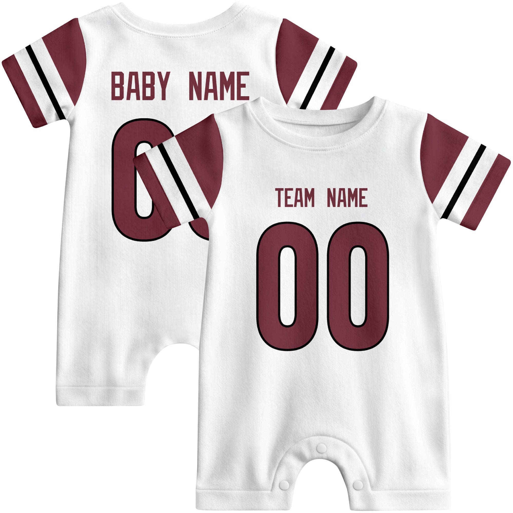 Front and back views of custom football-style baby onesie in White and Burgundy colors with personalized details
