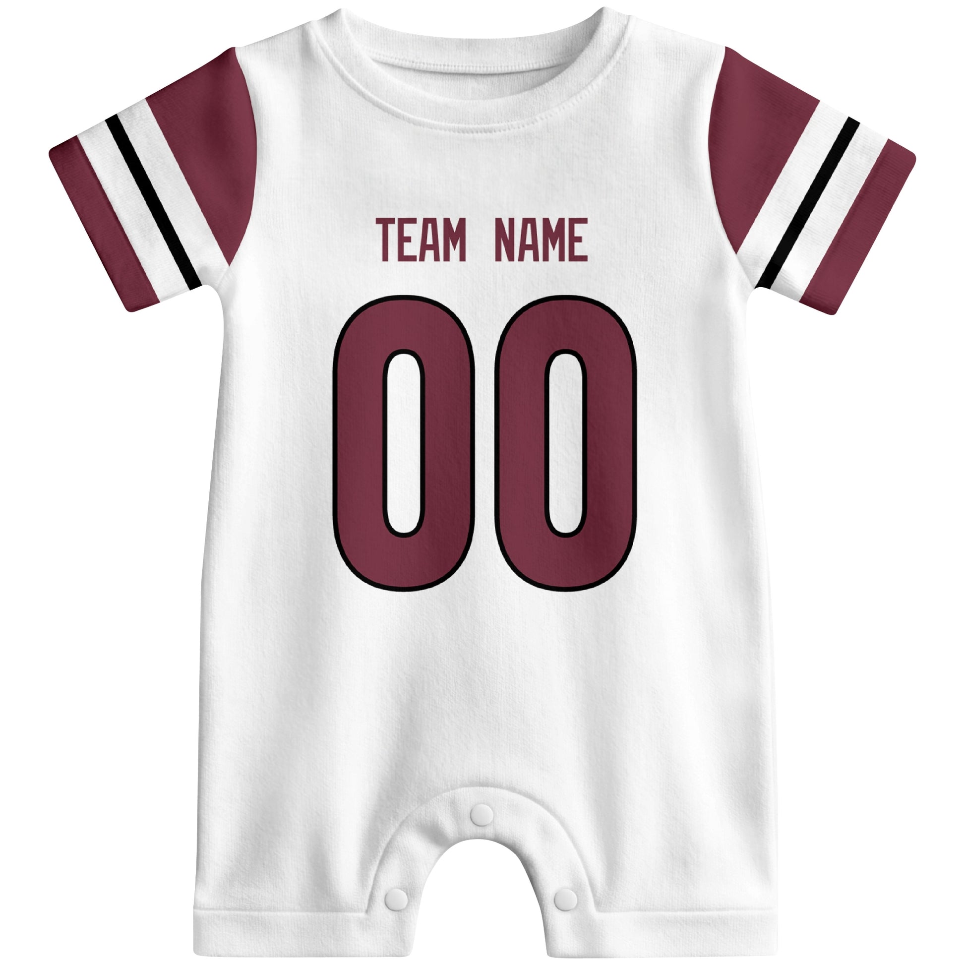 Front view of custom football-style baby onesie in White personalized with name and number
