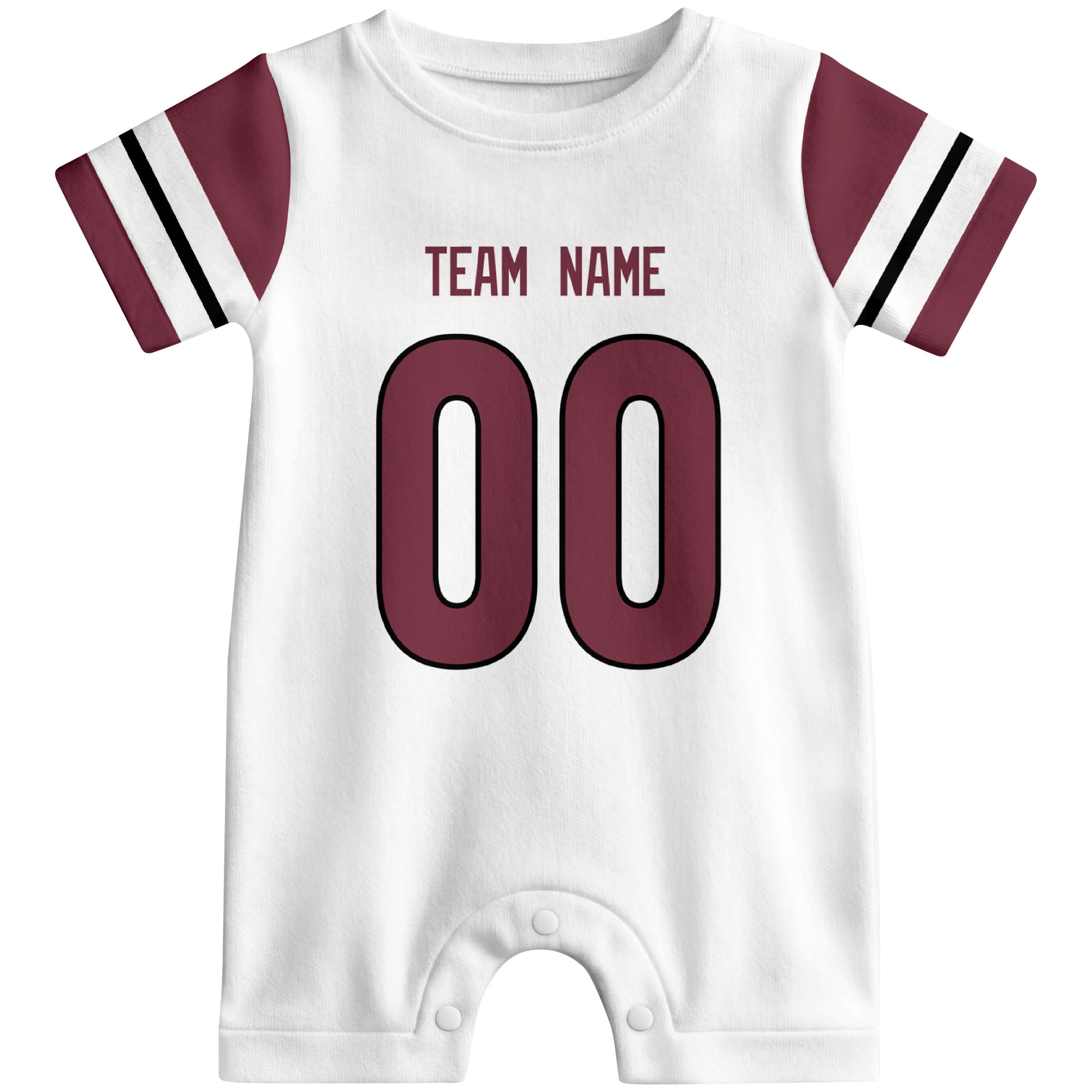 Front view of custom football-style baby onesie in White personalized with name and number