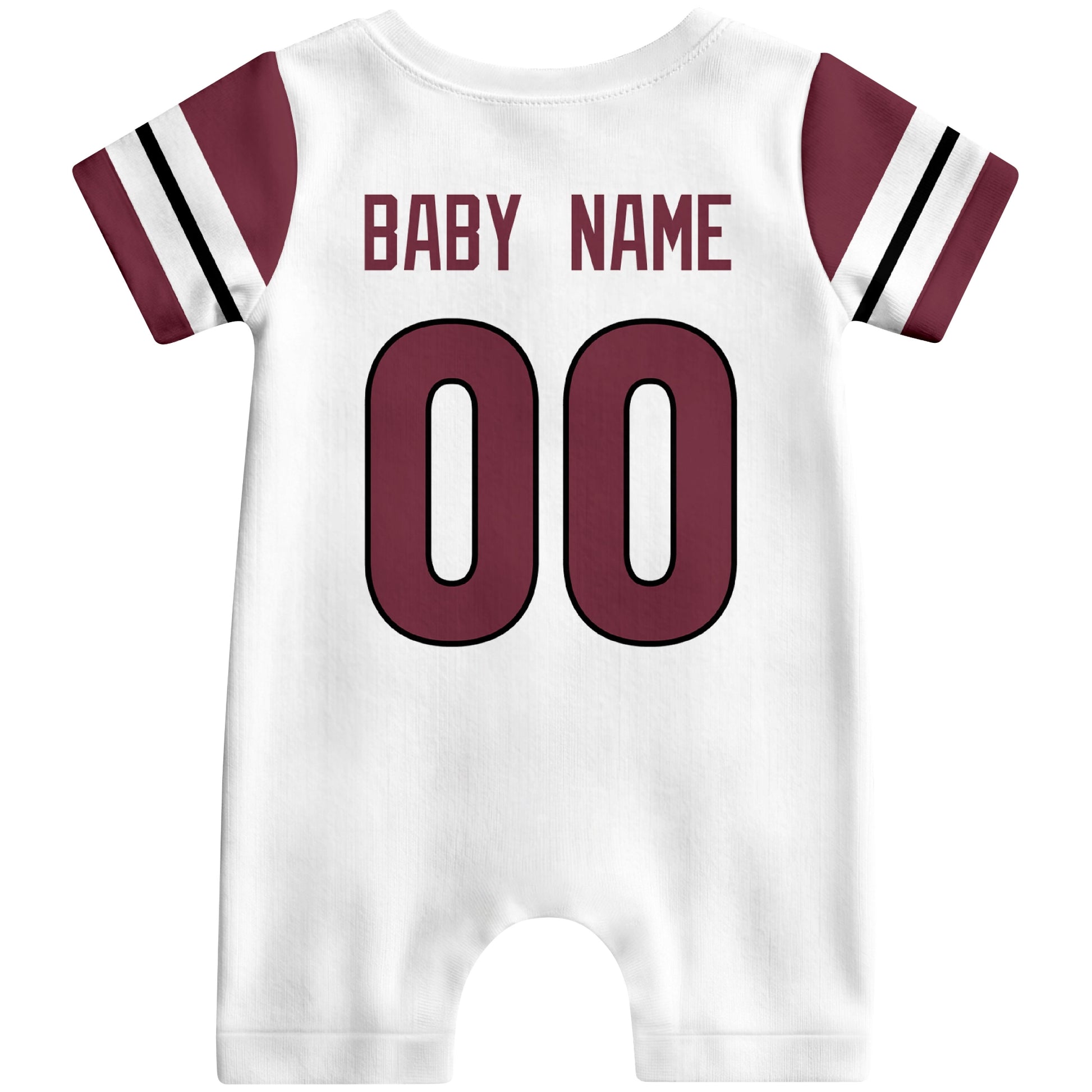 Back view of custom football-style baby onesie in White personalized with name and number