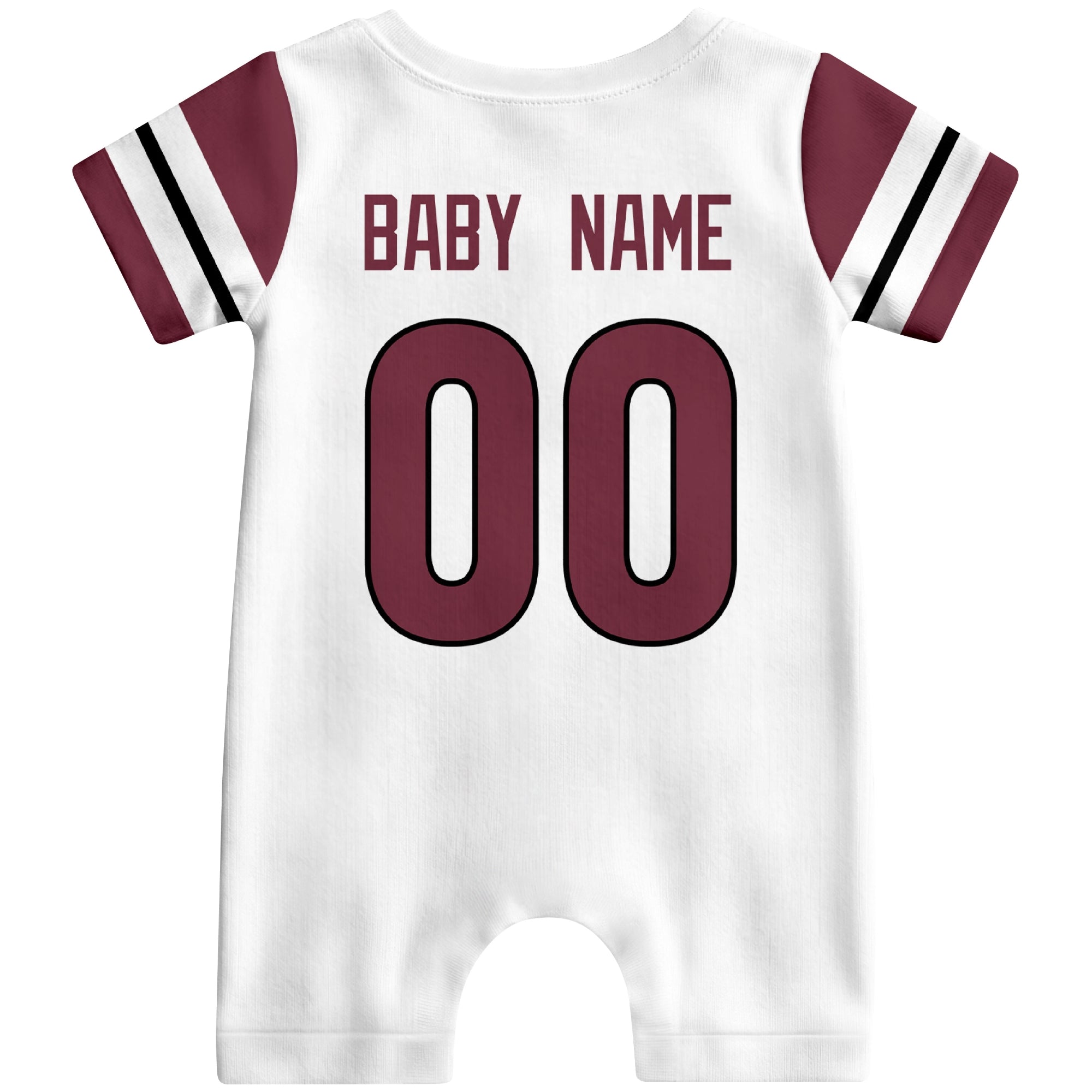 Back view of custom football-style baby onesie in White personalized with name and number