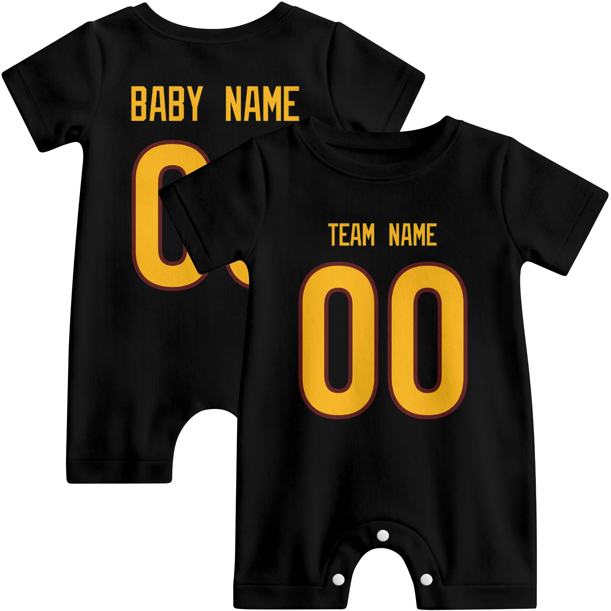 Front and back views of custom football-style baby onesie in Black and Burgundy colors with personalized details