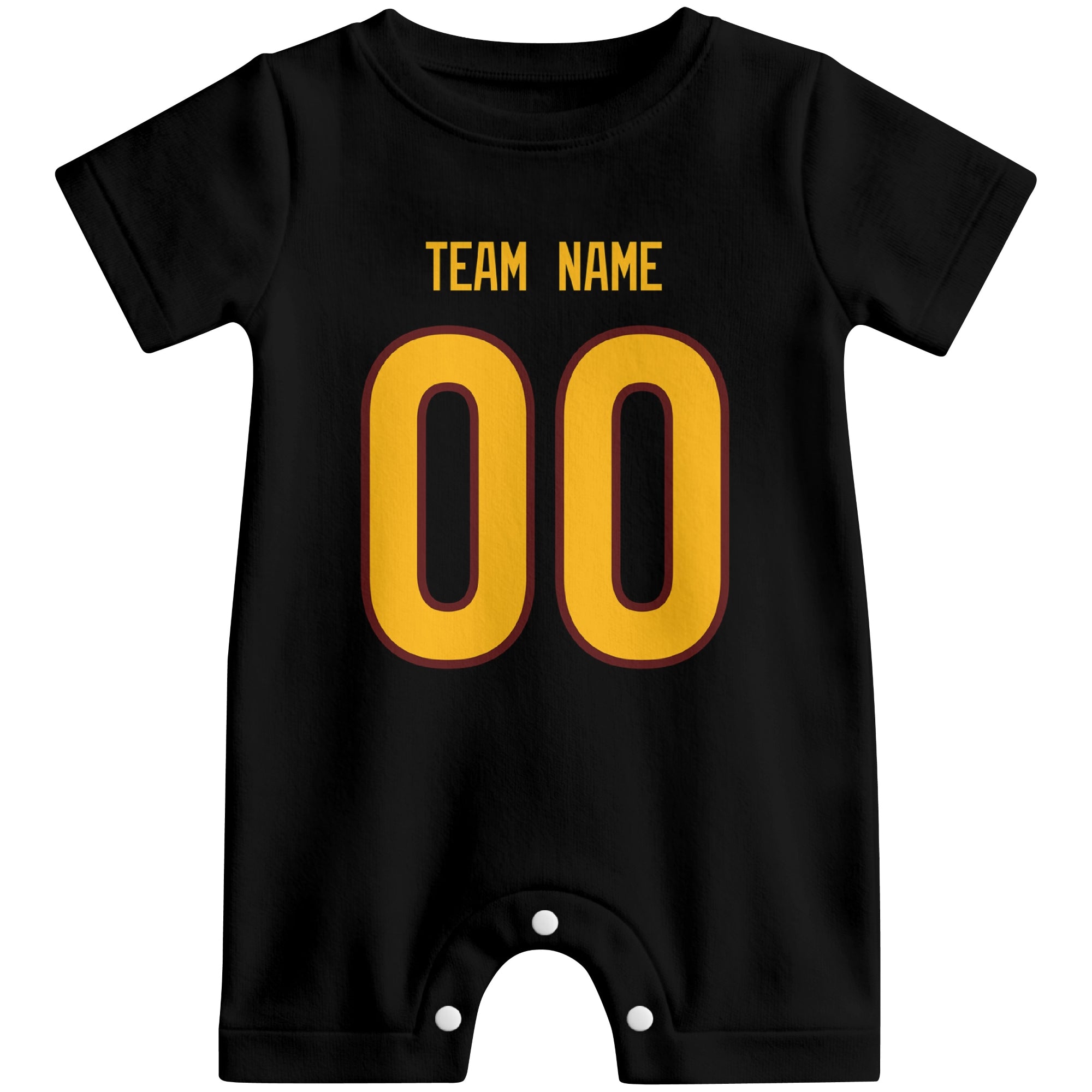 Front view of custom football-style baby onesie in Black personalized with name and number