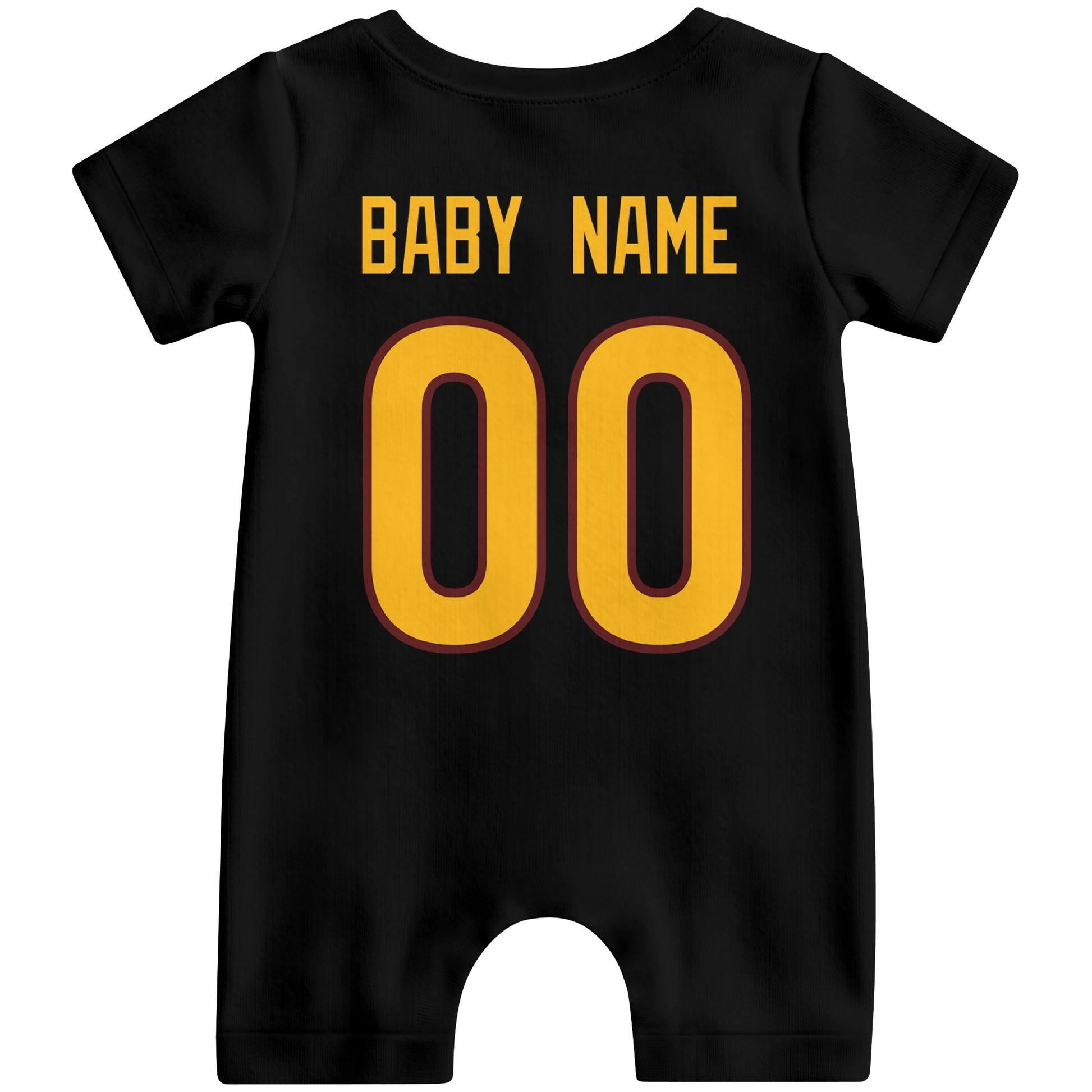 Back view of custom football-style baby onesie in Black personalized with name and number