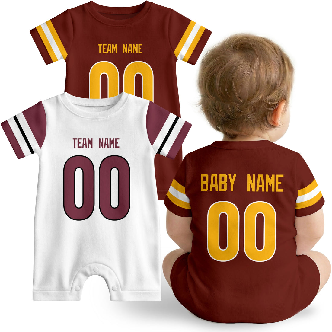 Baby wearing custom football-style onesie in Burgundy, White, and Black with personalized name and number